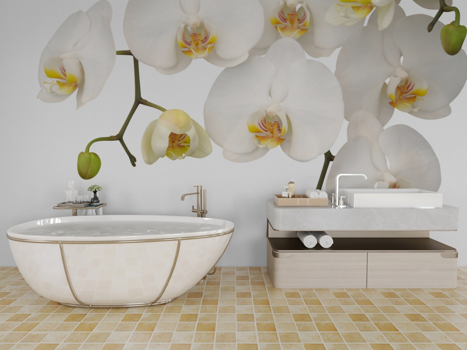 Fotobehang hangende orchideeën met witte bloemen