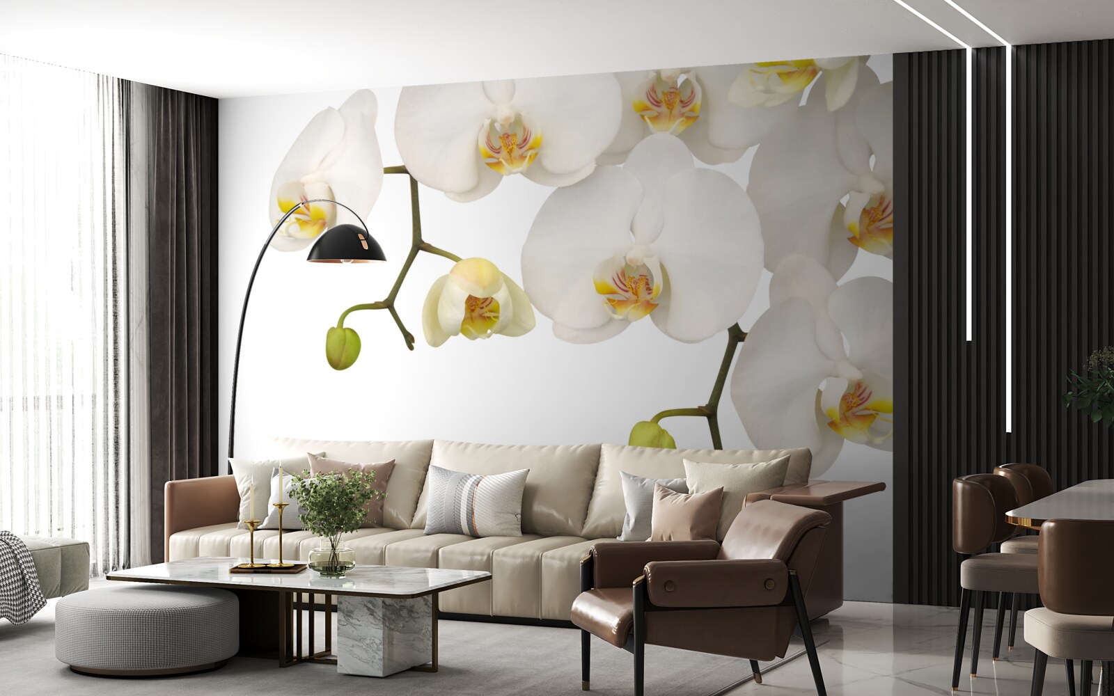 Fotobehang hangende orchideeën met witte bloemen