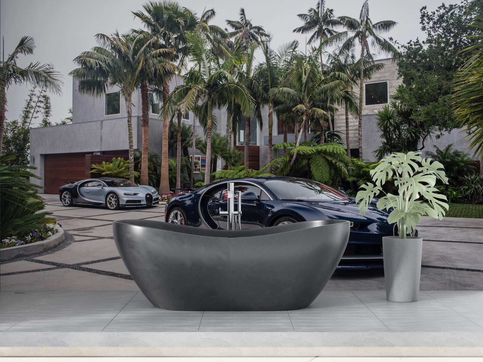 Fotobehang luxe sportwagens stonden voor de woning