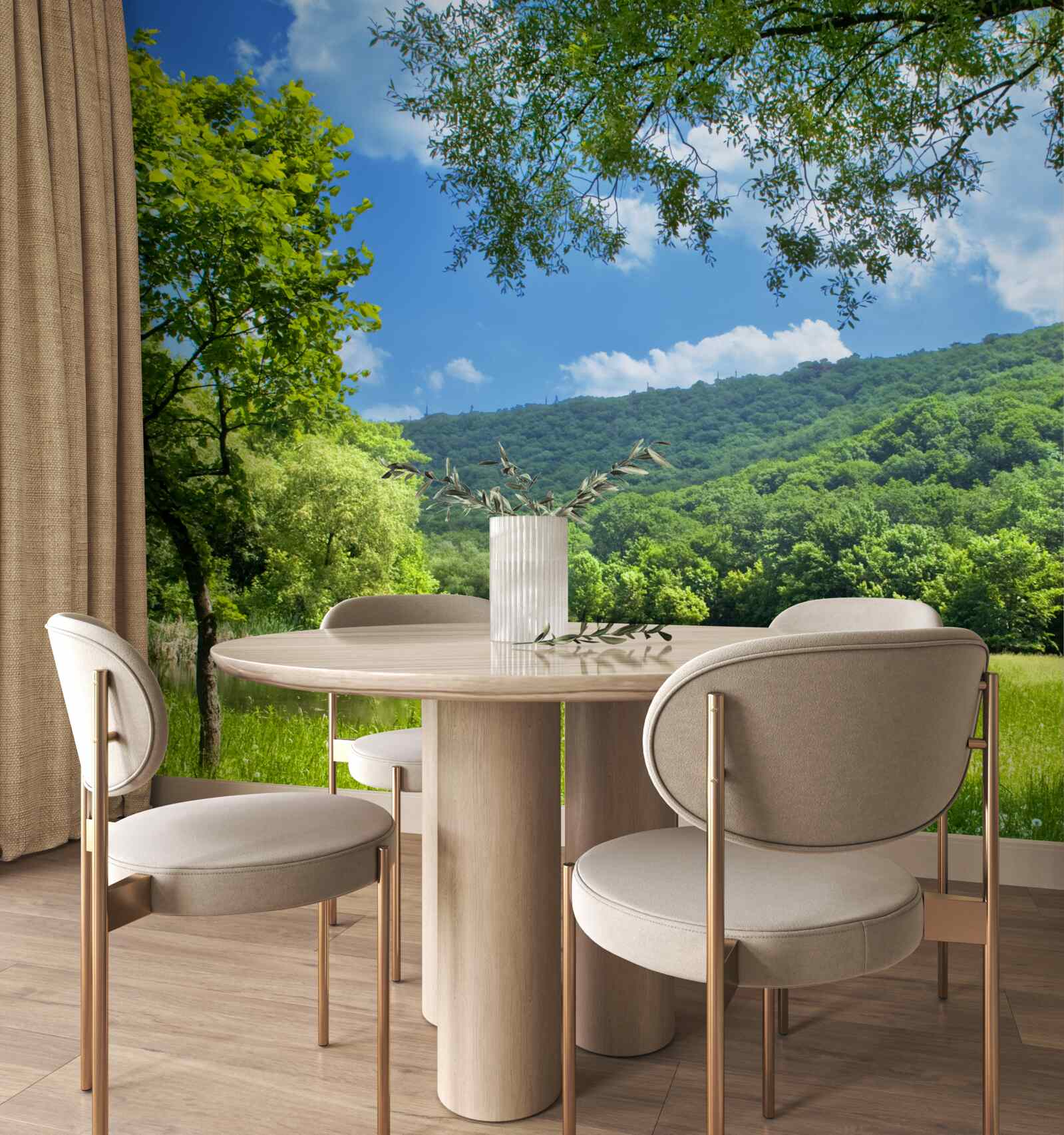 Fotobehang zonnige, heldere dag op een groene plek in het bos