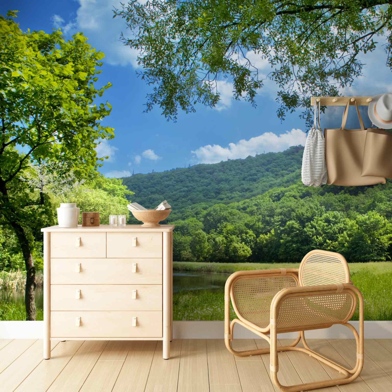 Fotobehang zonnige, heldere dag op een groene plek in het bos