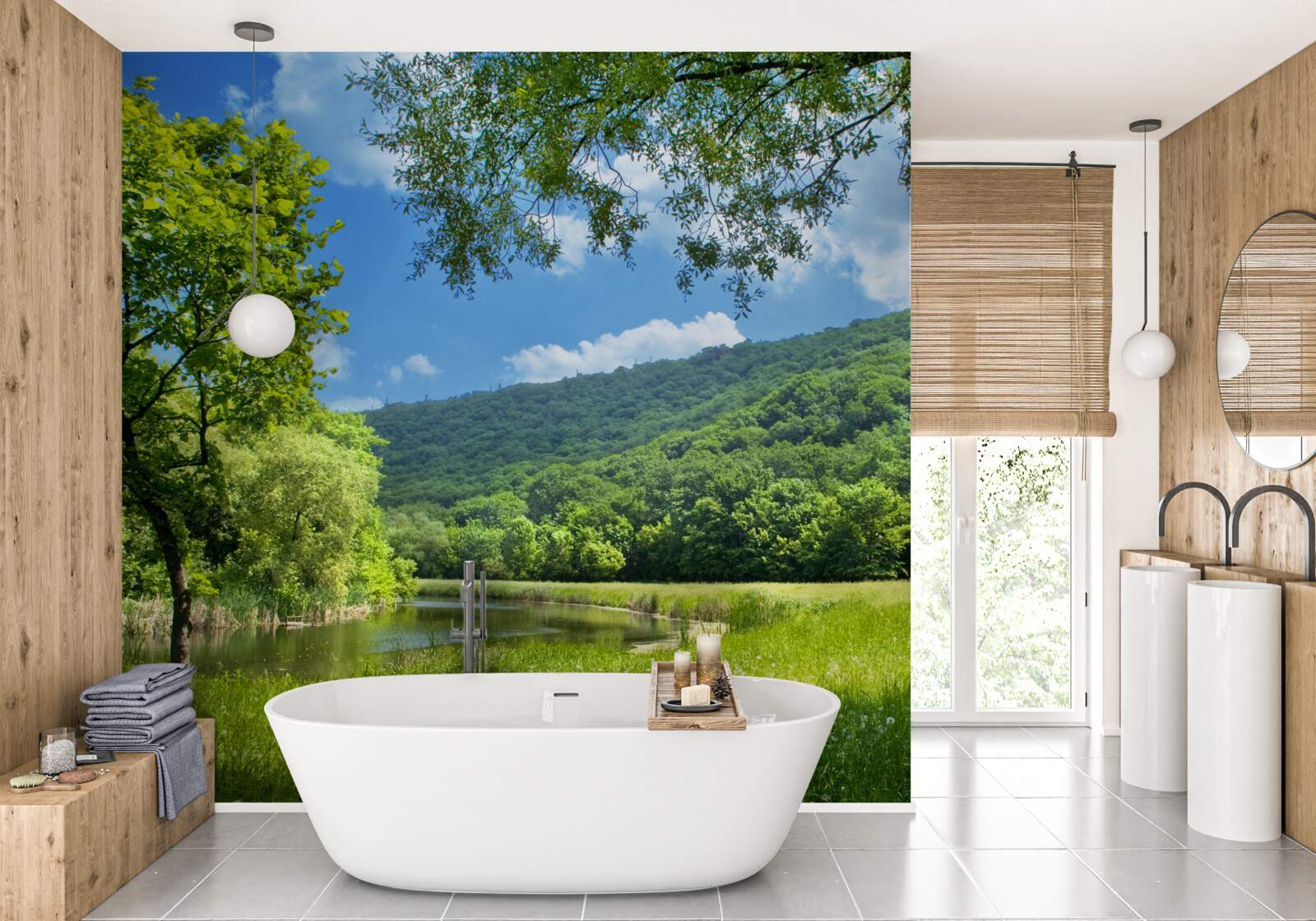 Fotobehang zonnige, heldere dag op een groene plek in het bos