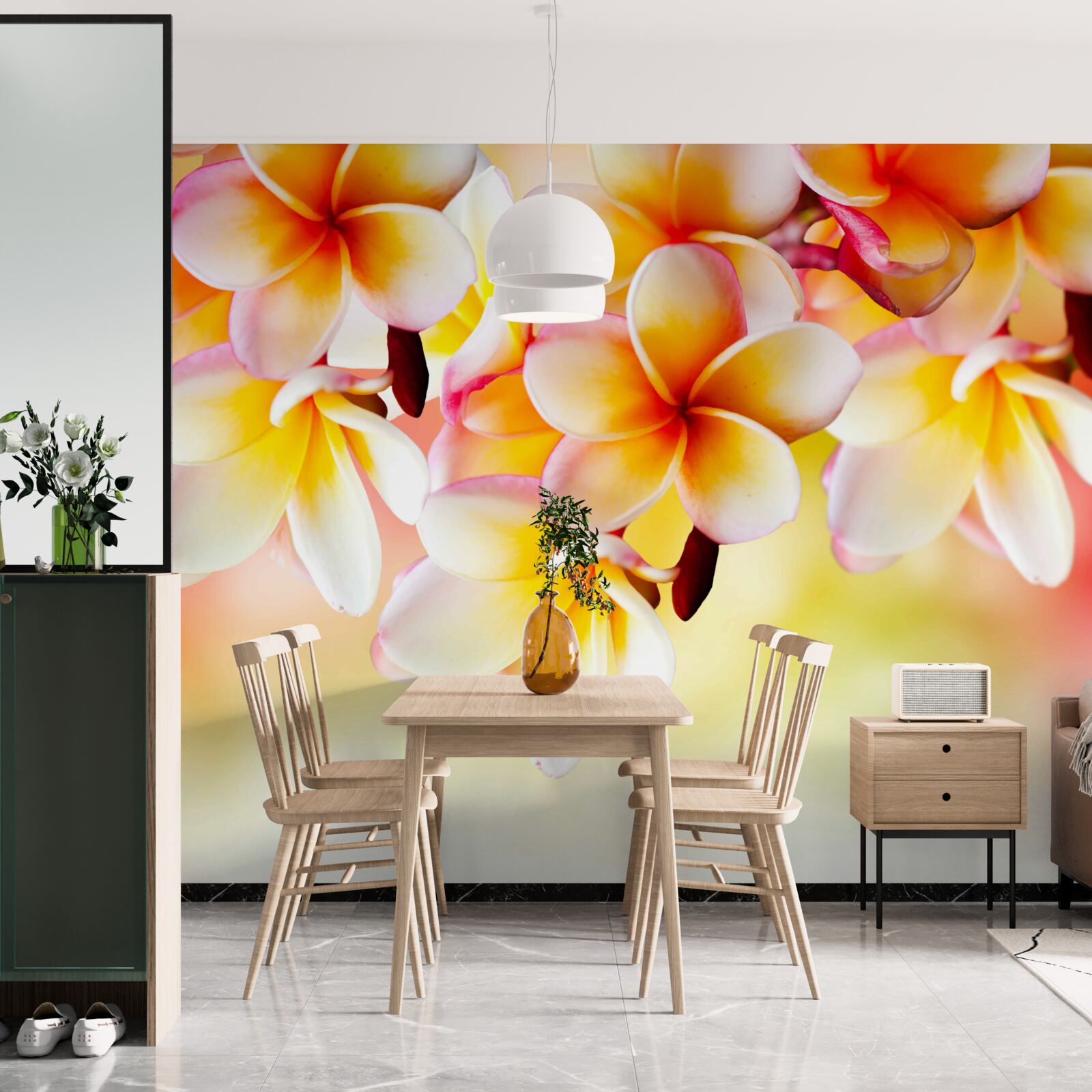 Fotobehang witte en oranje bloemen hangen boven het wateroppervlak