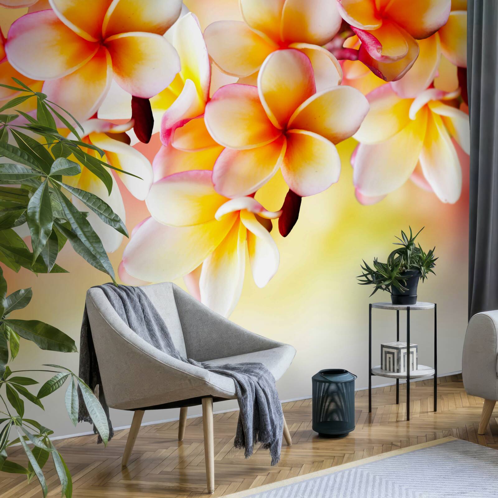 Fotobehang witte en oranje bloemen hangen boven het wateroppervlak