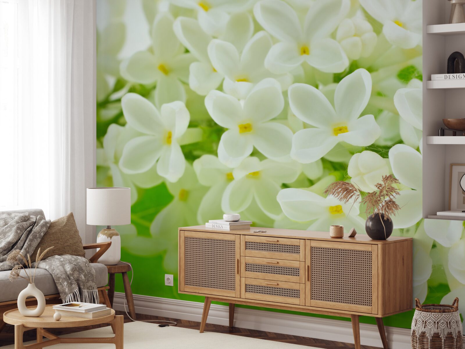 Fotobehang sneeuwwitte bloemen die de boom overvloedig bedekken