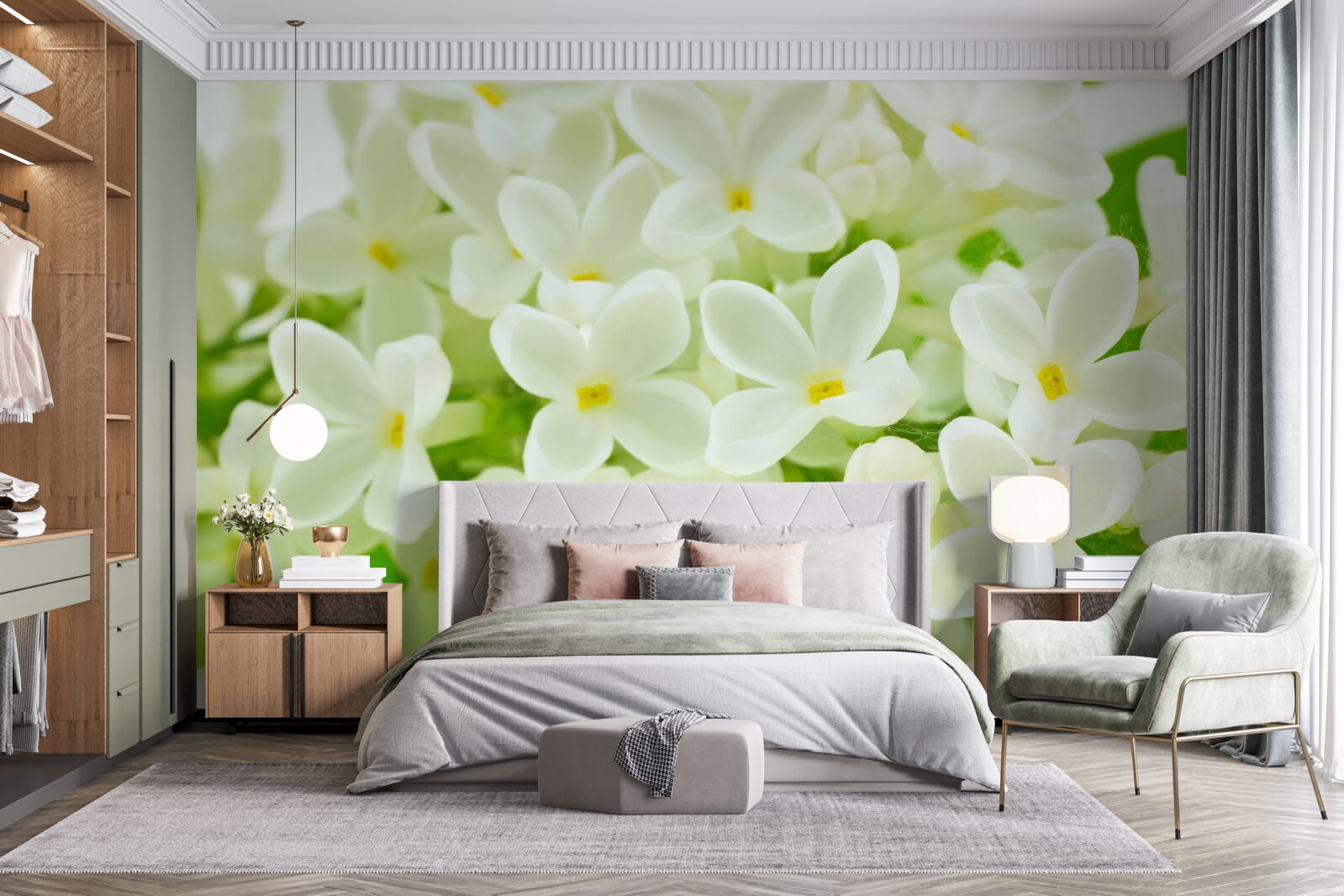 Fotobehang sneeuwwitte bloemen die de boom overvloedig bedekken