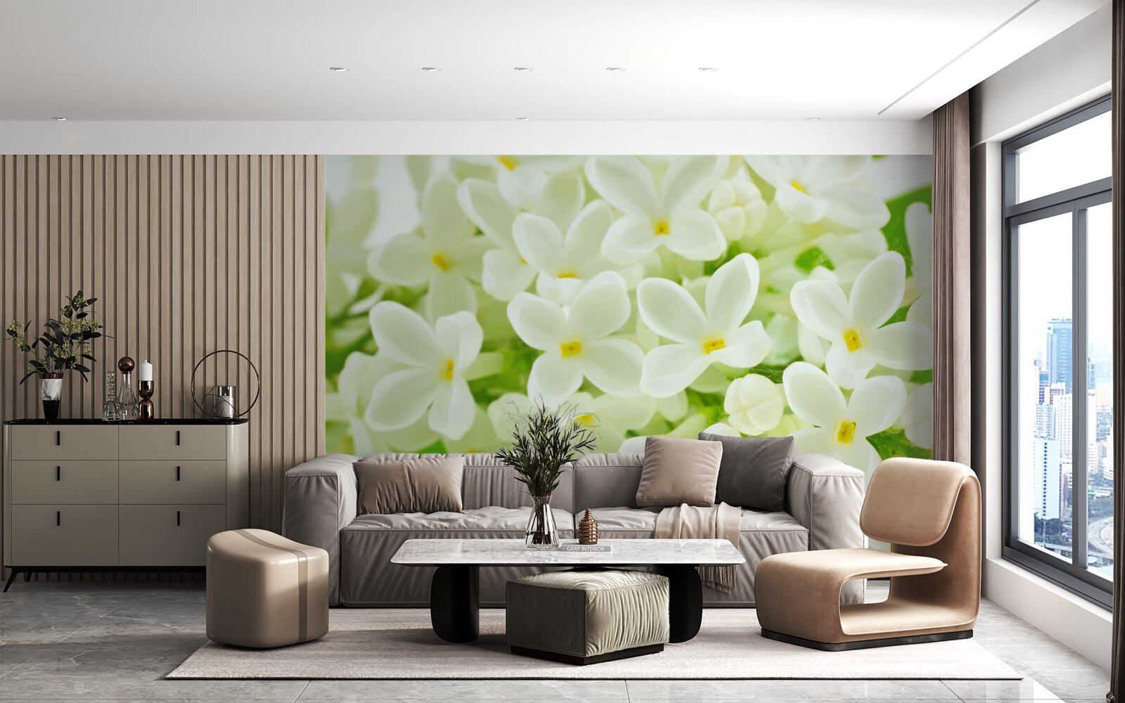 Fotobehang sneeuwwitte bloemen die de boom overvloedig bedekken