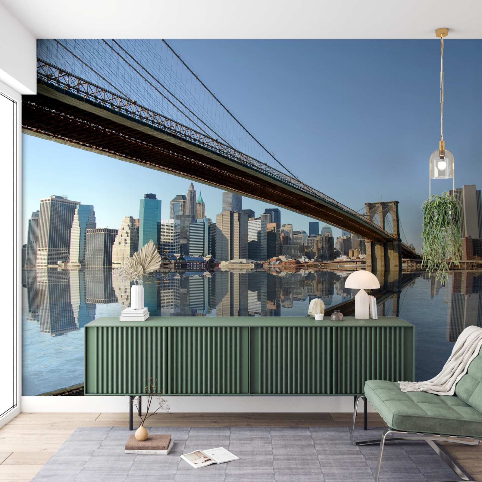 Fotobehang een brug over een rivier die naar een grote stad leidt