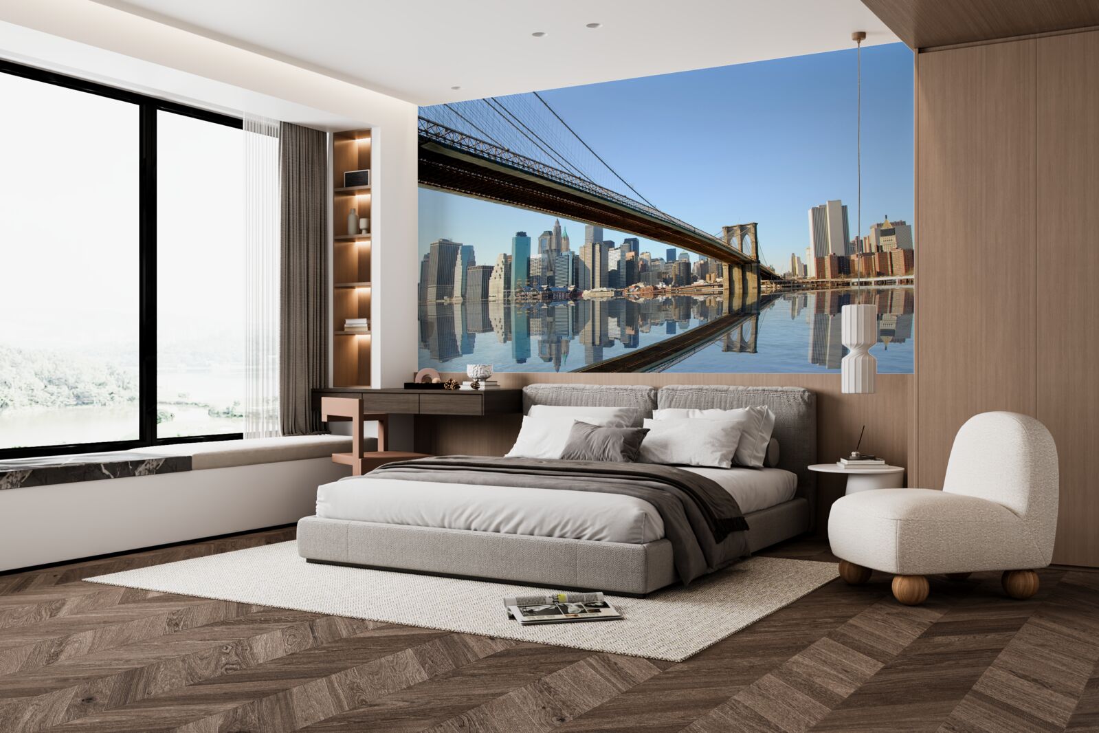 Fotobehang een brug over een rivier die naar een grote stad leidt