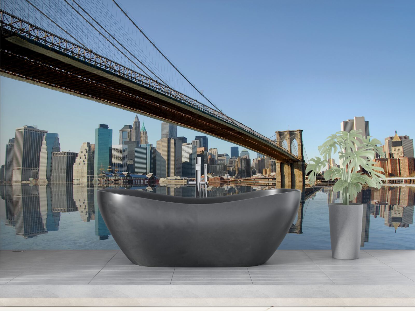 Fotobehang een brug over een rivier die naar een grote stad leidt