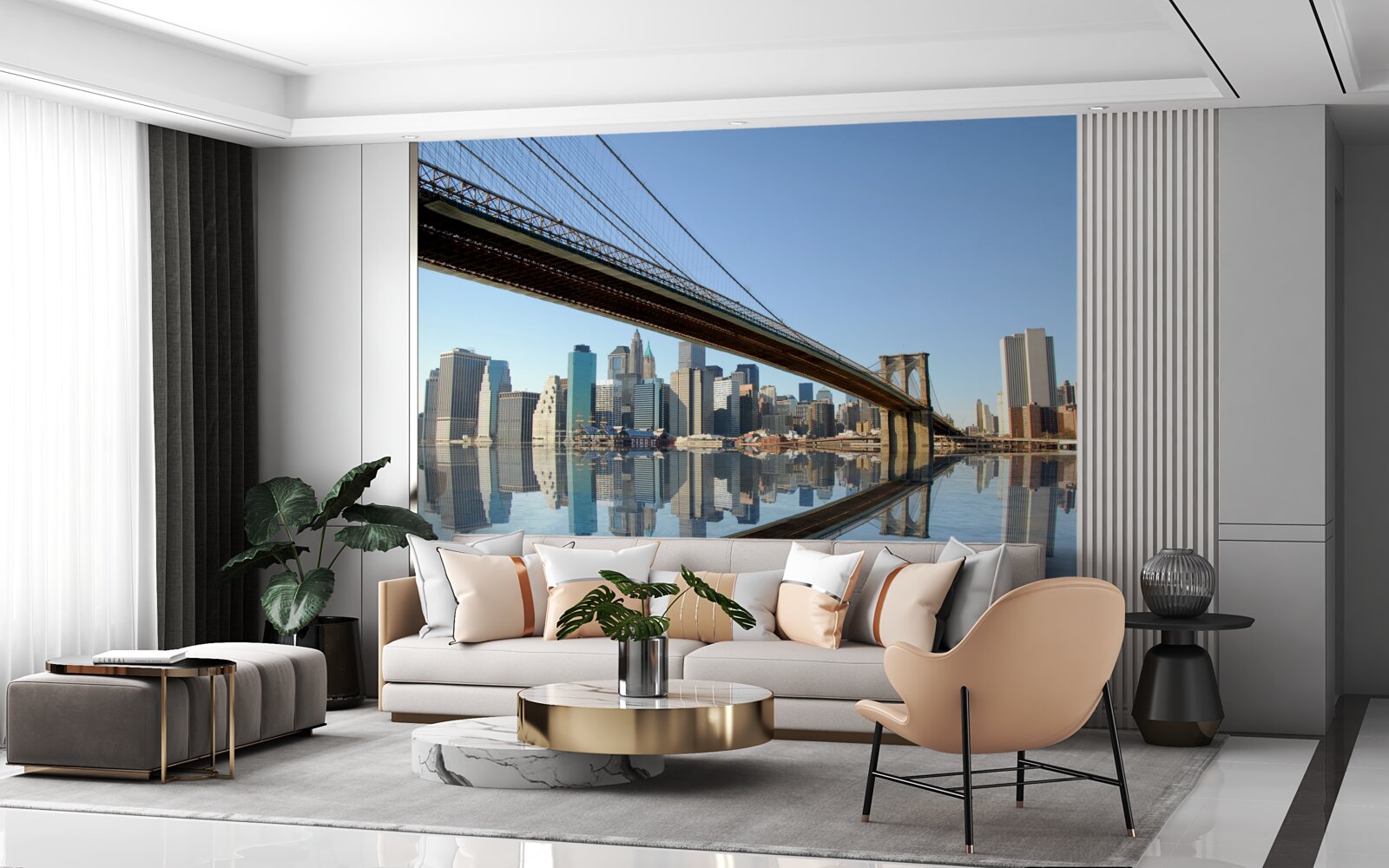 Fotobehang een brug over een rivier die naar een grote stad leidt