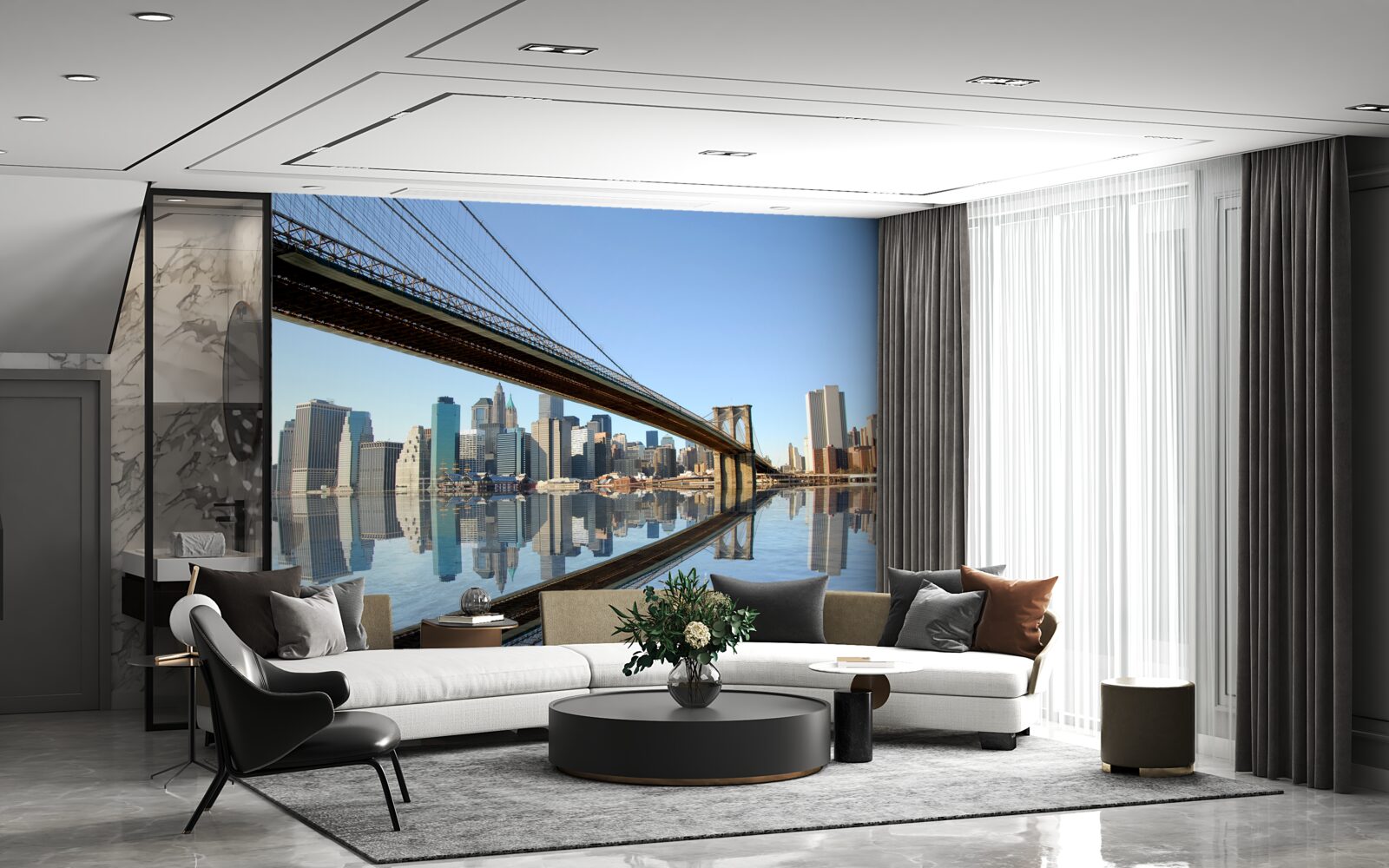 Fotobehang een brug over een rivier die naar een grote stad leidt