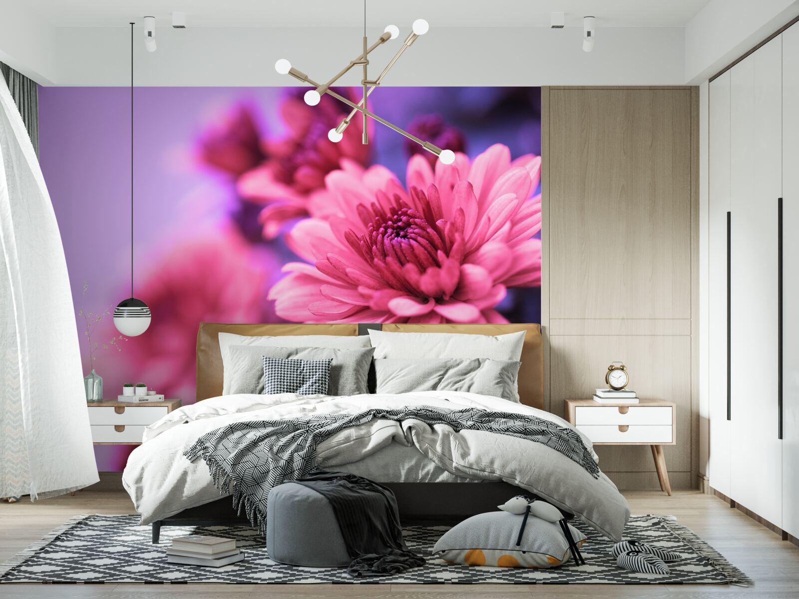Fotobehang roze asters bloeien in de ochtend