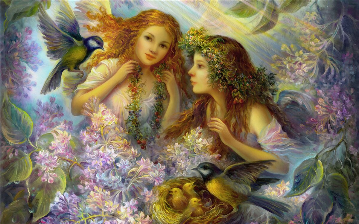 Fotobehang vogels praten met twee meisjes tussen de bloemen