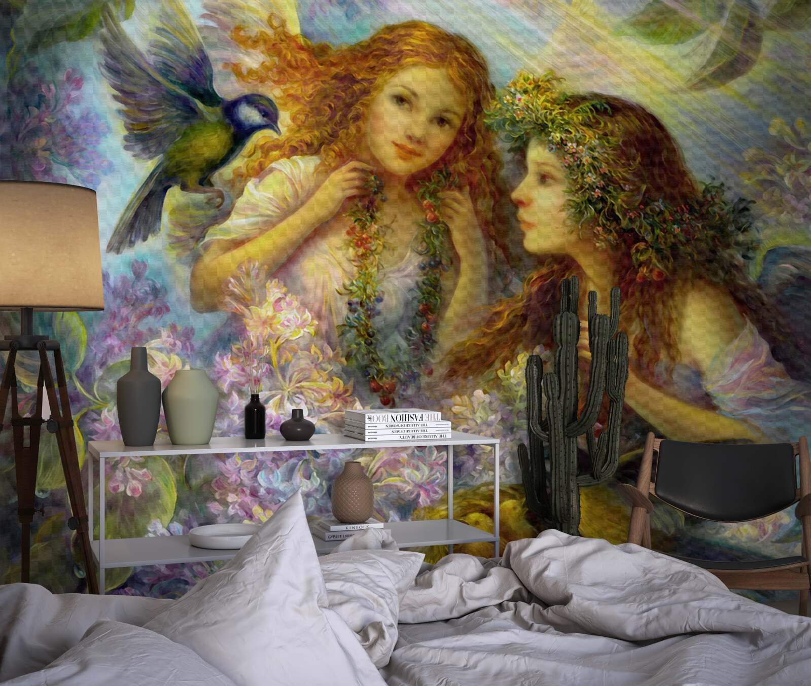 Fotobehang vogels praten met twee meisjes tussen de bloemen