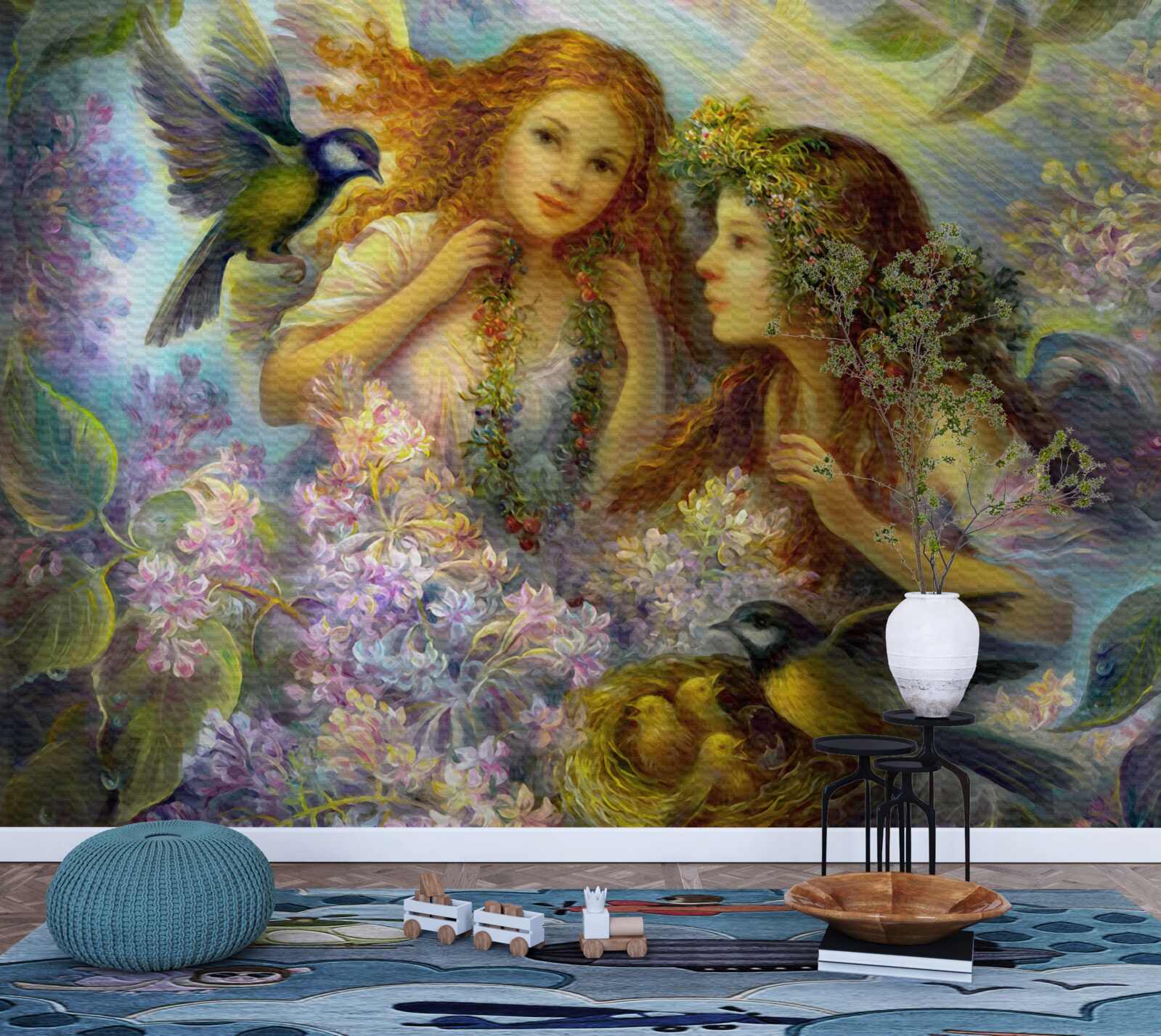 Fotobehang vogels praten met twee meisjes tussen de bloemen