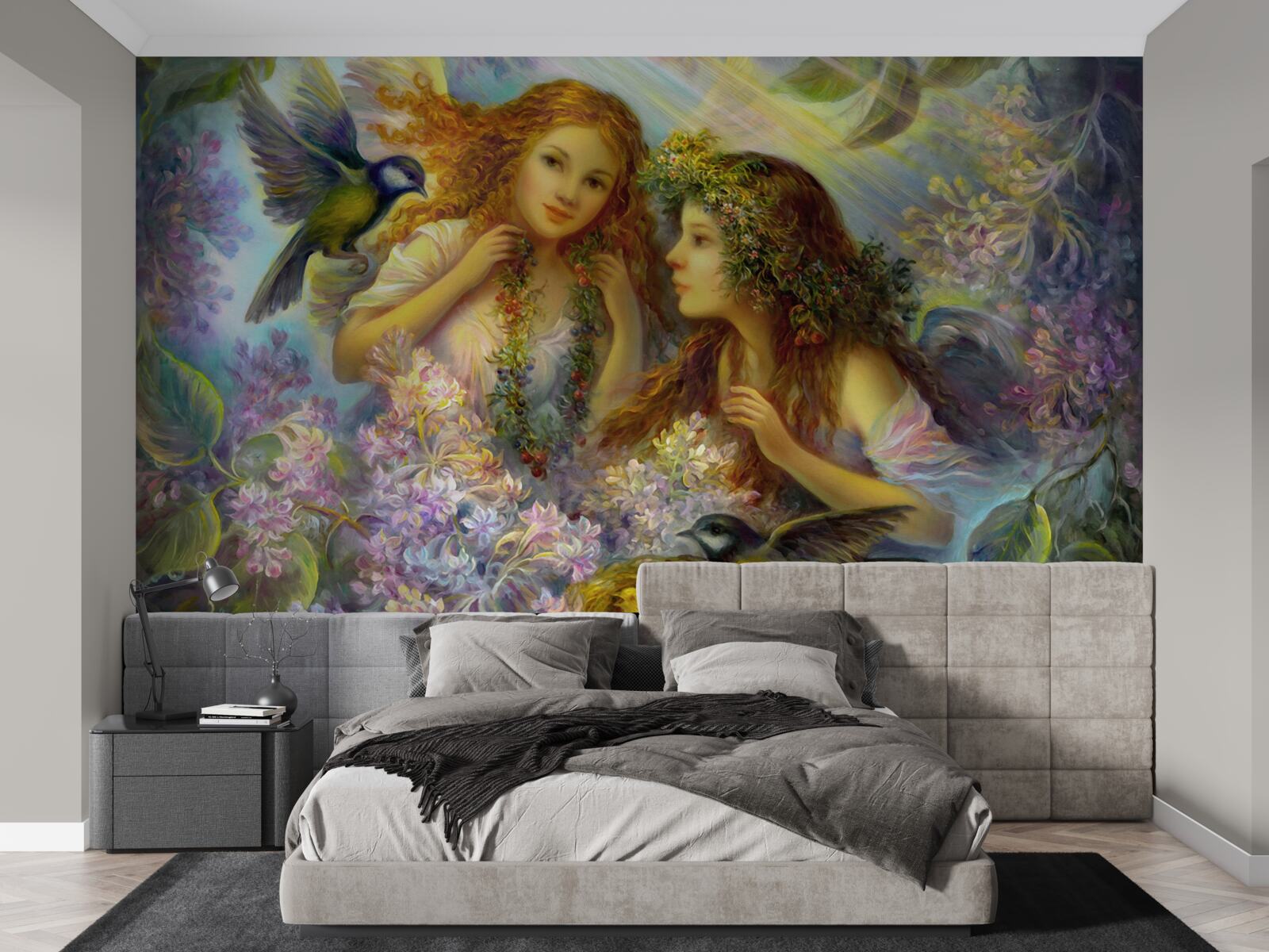 Fotobehang vogels praten met twee meisjes tussen de bloemen