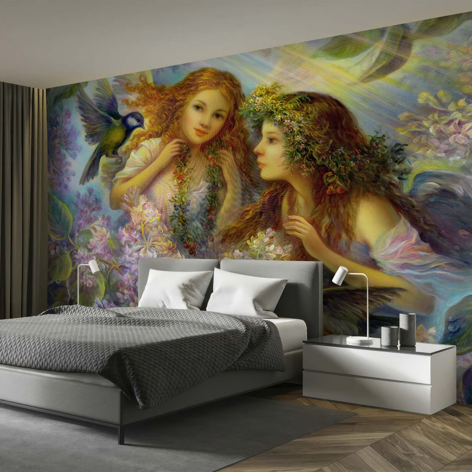 Fotobehang vogels praten met twee meisjes tussen de bloemen