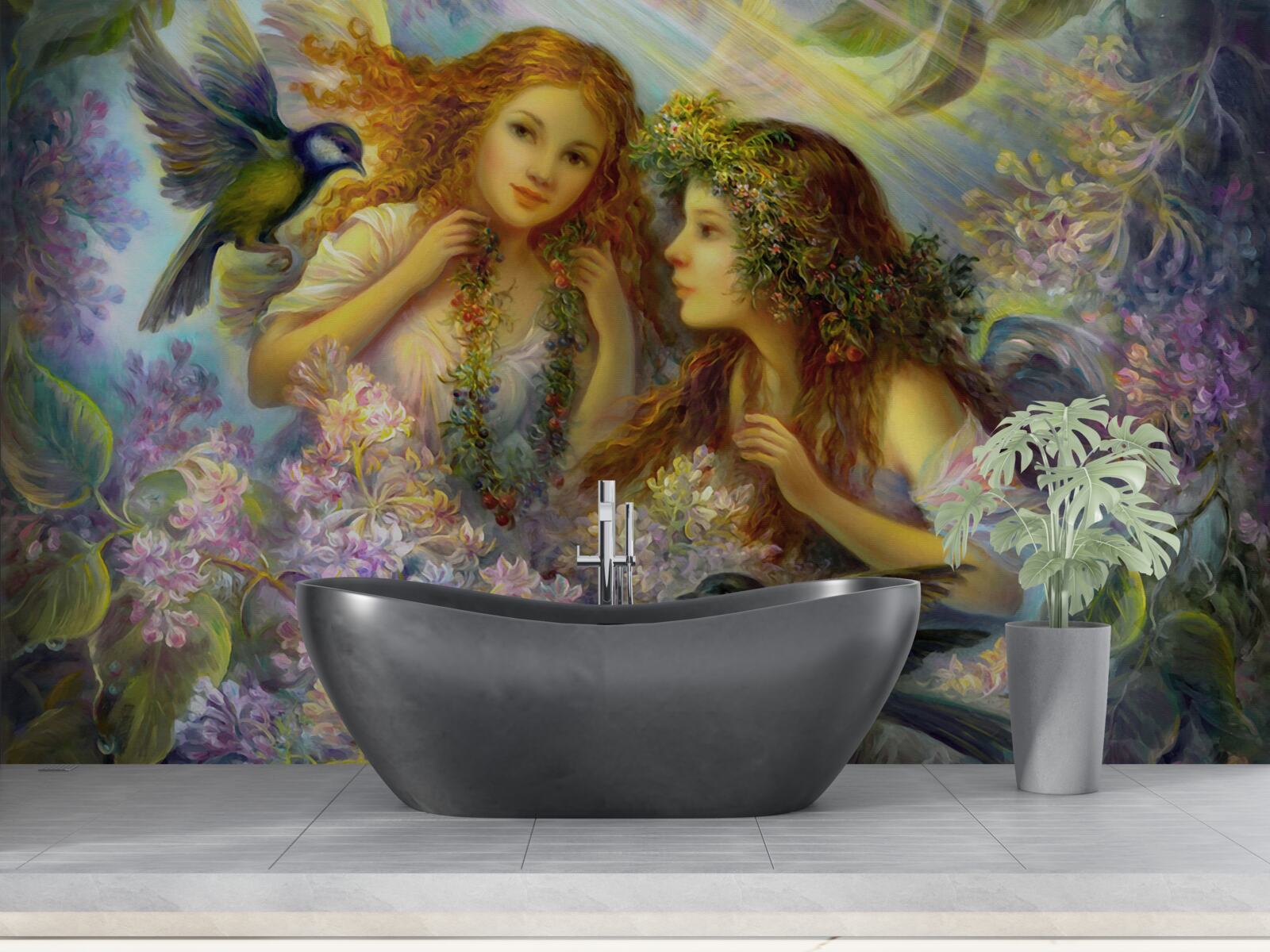 Fotobehang vogels praten met twee meisjes tussen de bloemen