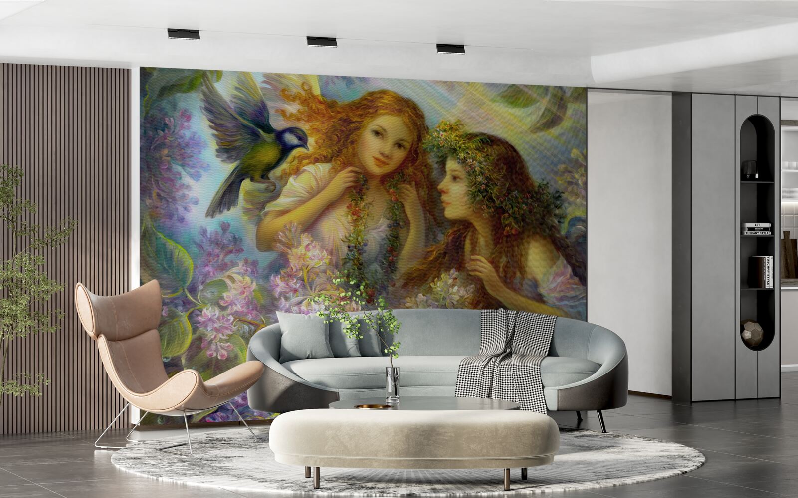 Fotobehang vogels praten met twee meisjes tussen de bloemen