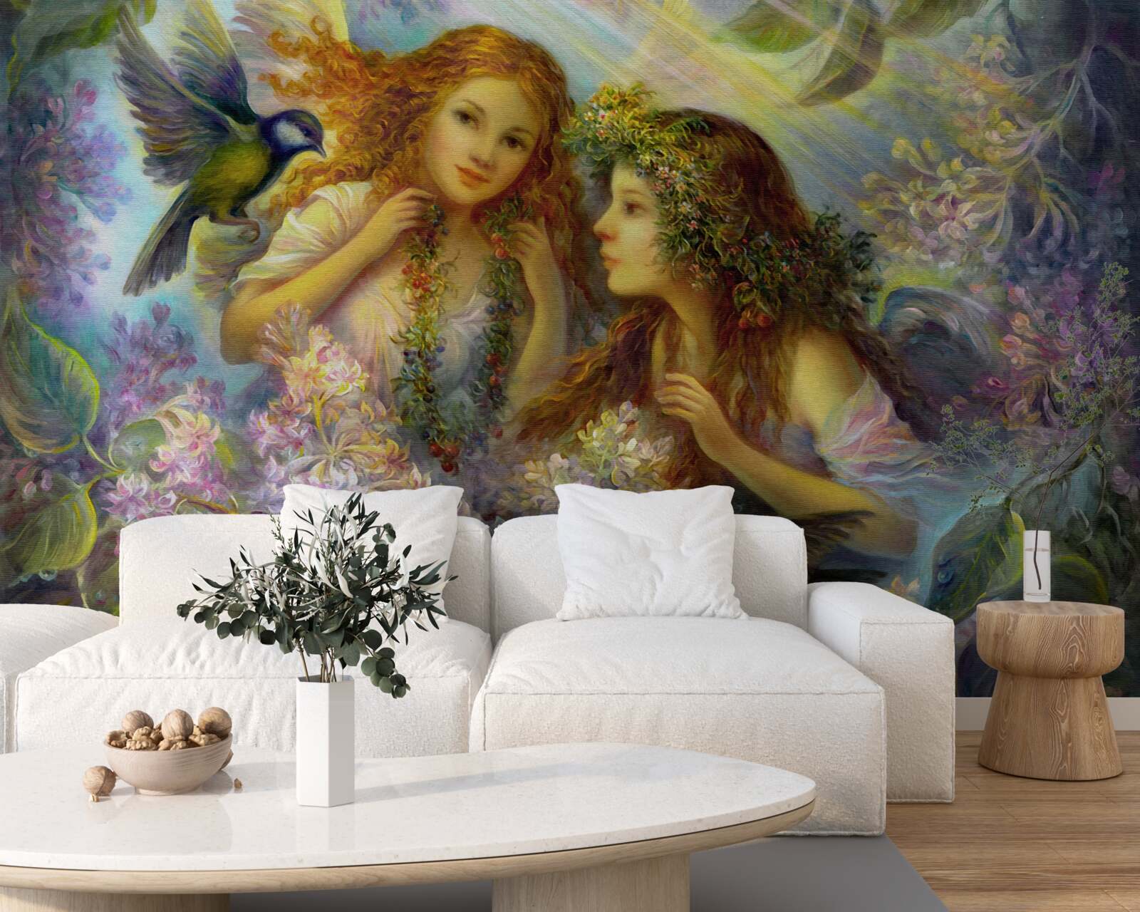 Fotobehang vogels praten met twee meisjes tussen de bloemen