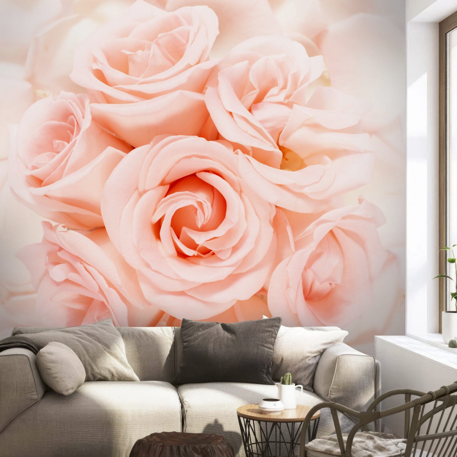 Fotobehang perzik rozenknop in een delicaat boeket