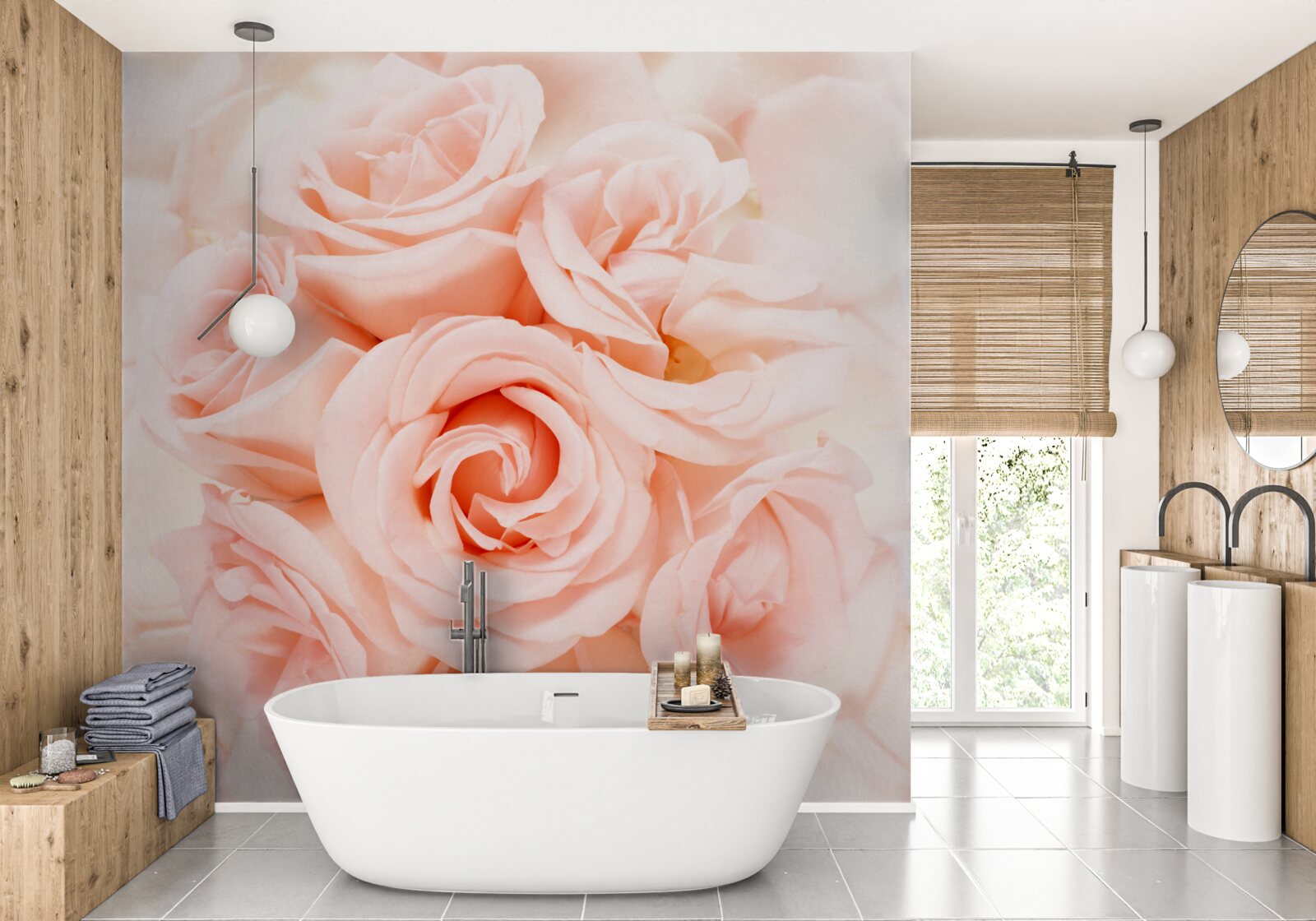 Fotobehang perzik rozenknop in een delicaat boeket