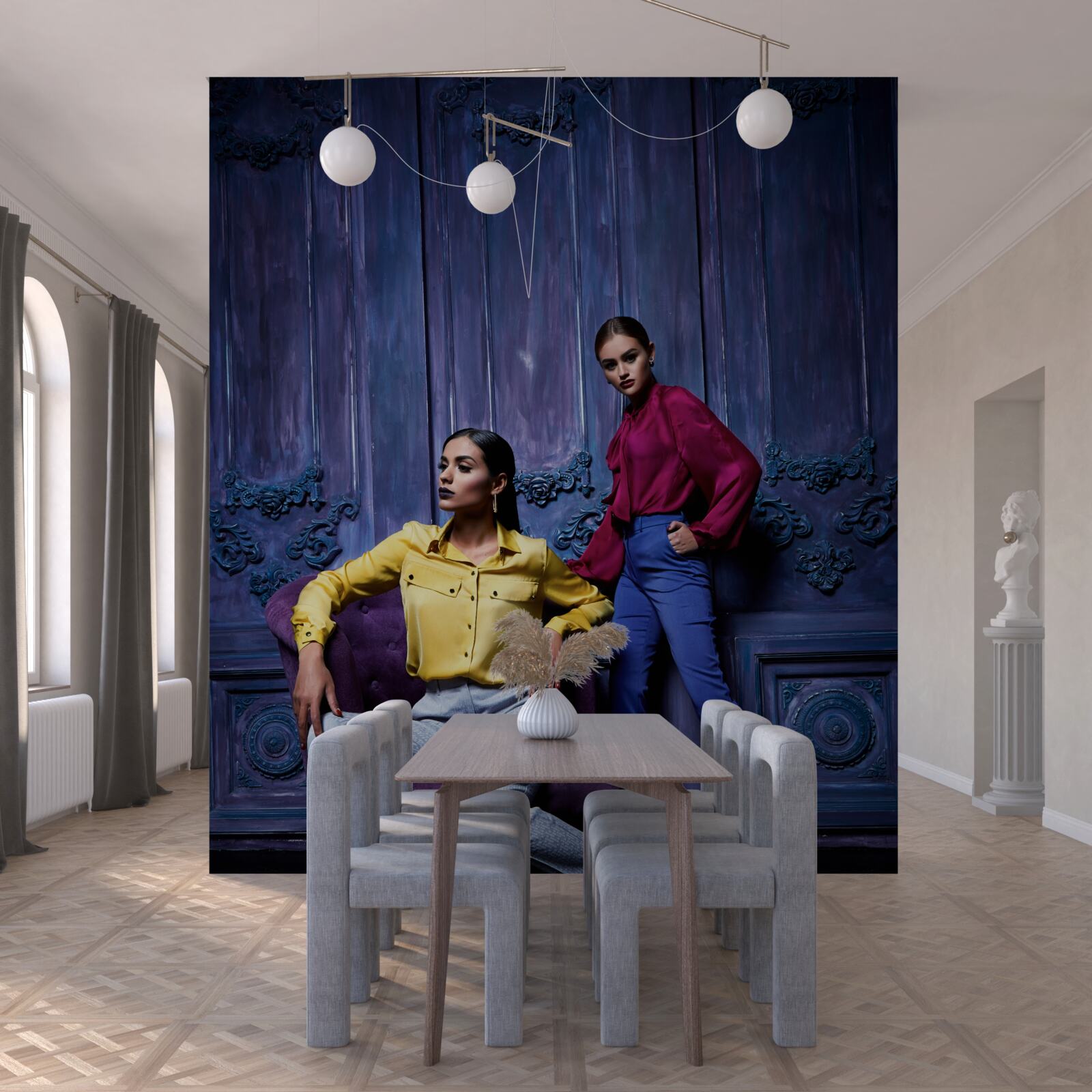 Fotobehang meisjes op schoenen met hoge hakken nemen foto's bij de oude muur