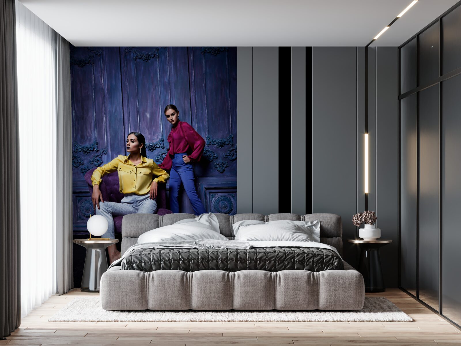 Fotobehang meisjes op schoenen met hoge hakken nemen foto's bij de oude muur