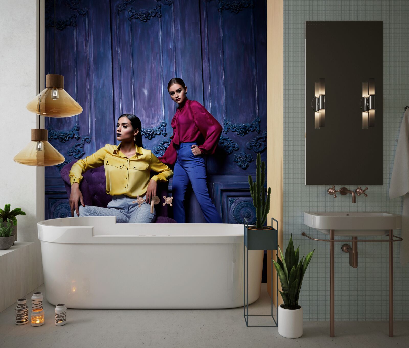 Fotobehang meisjes op schoenen met hoge hakken nemen foto's bij de oude muur