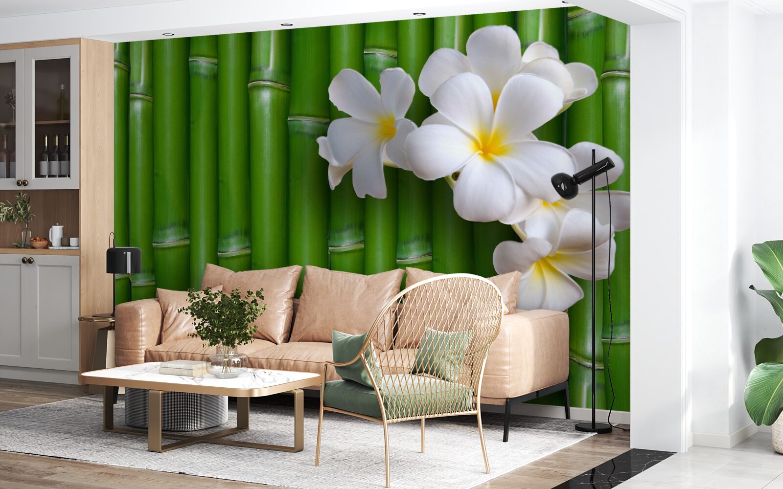 Fotobehang heldere bloemen op hoge groene bamboe