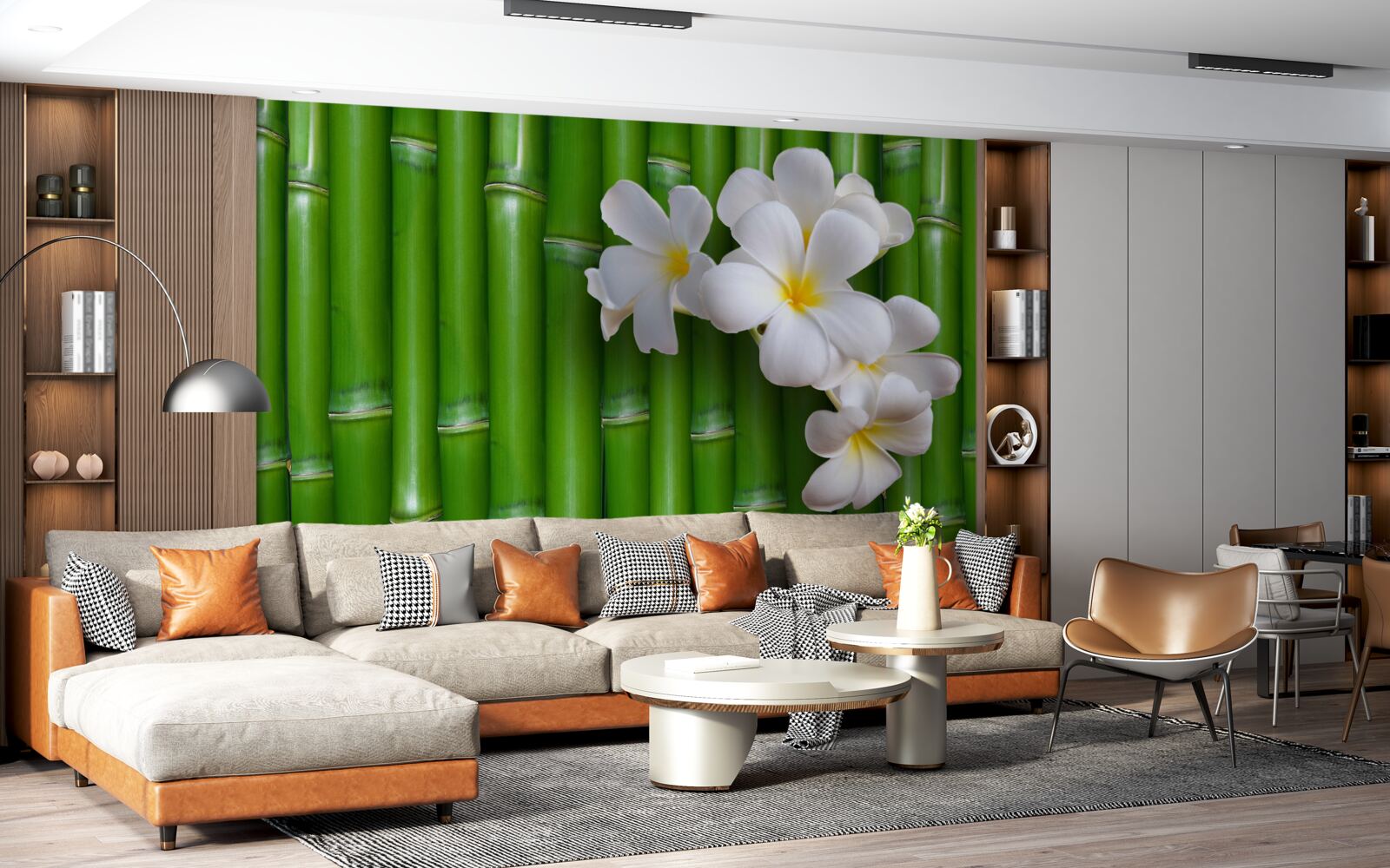 Fotobehang heldere bloemen op hoge groene bamboe