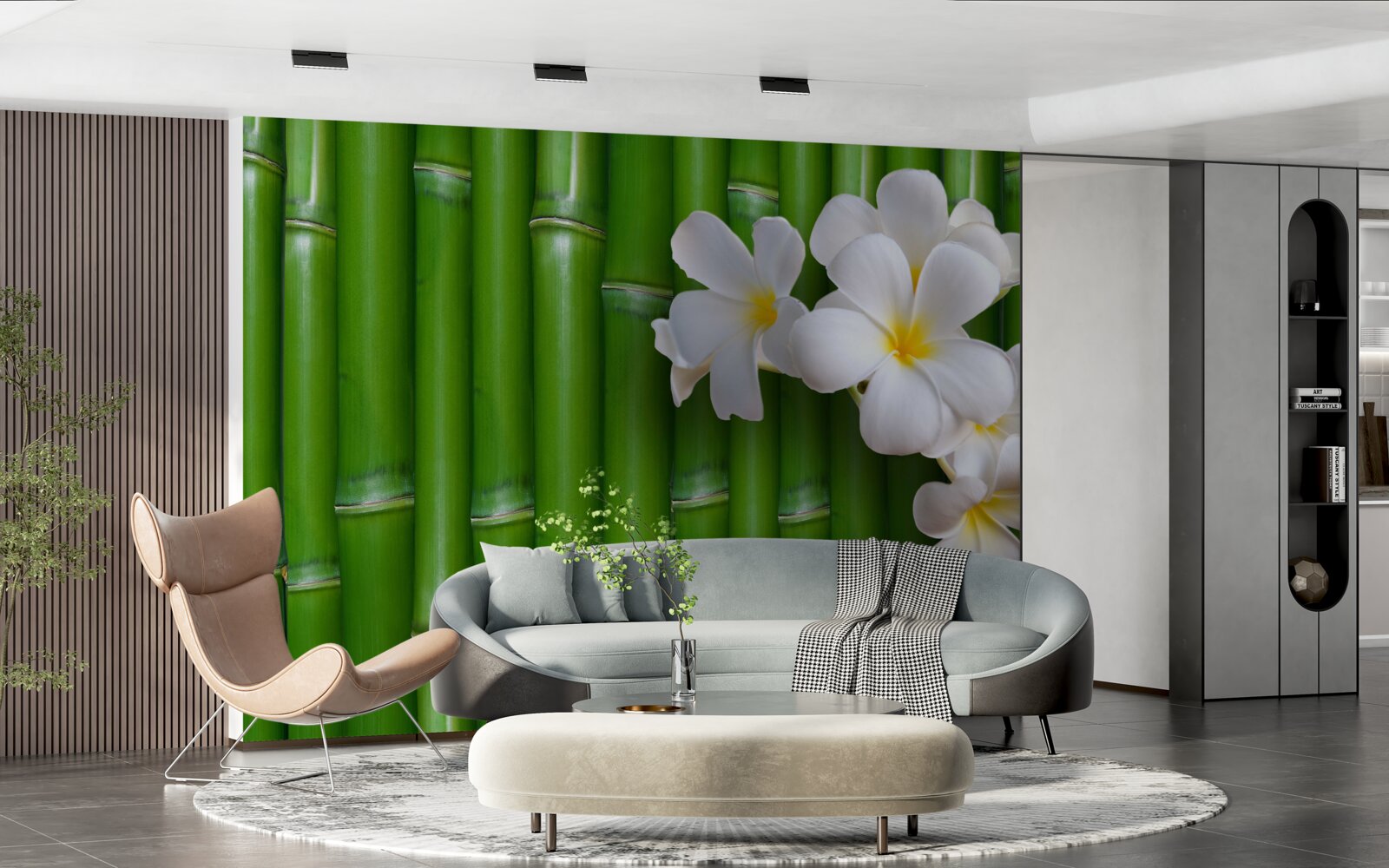 Fotobehang heldere bloemen op hoge groene bamboe