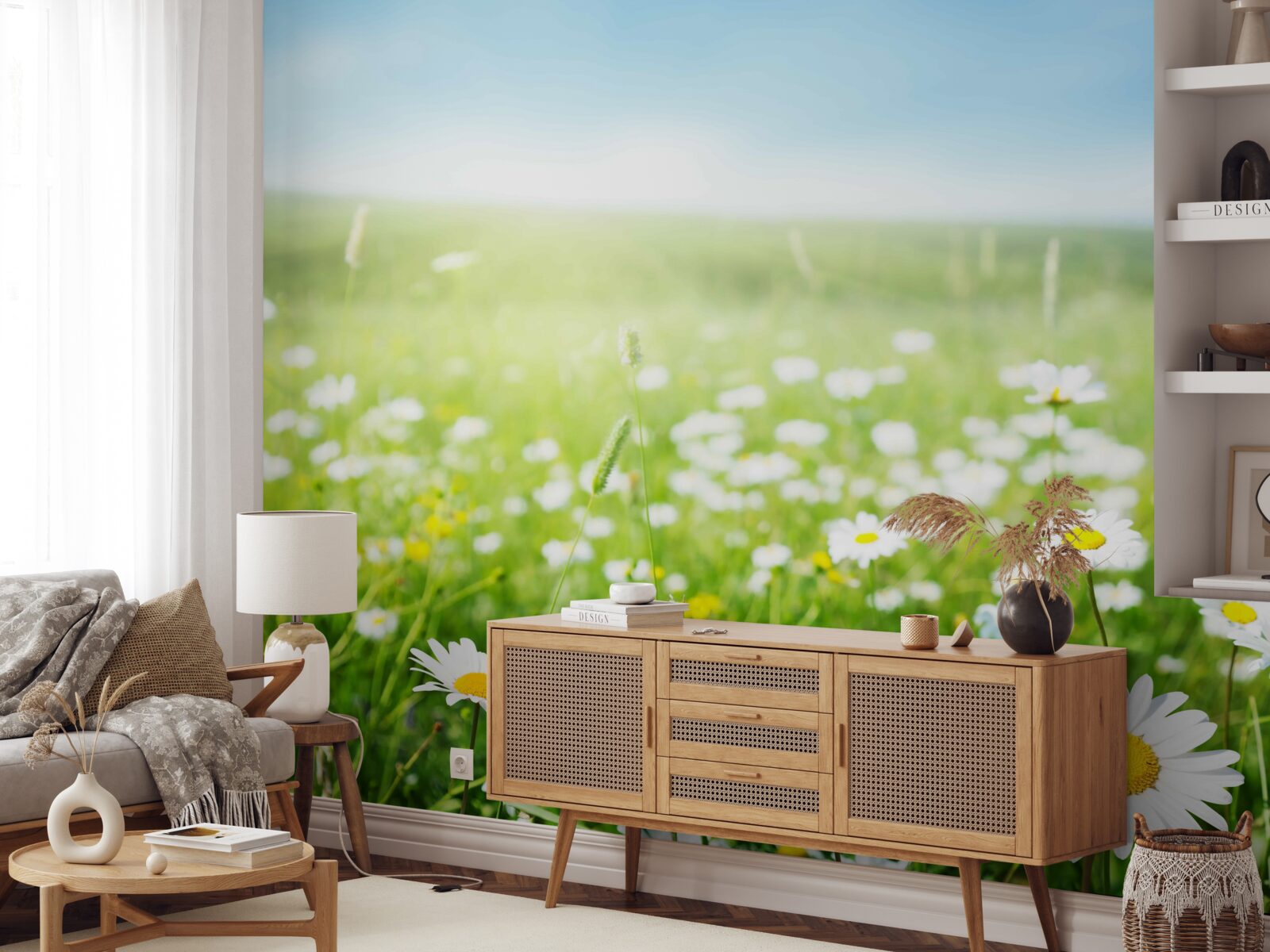 Fotobehang witte margrieten in de zon