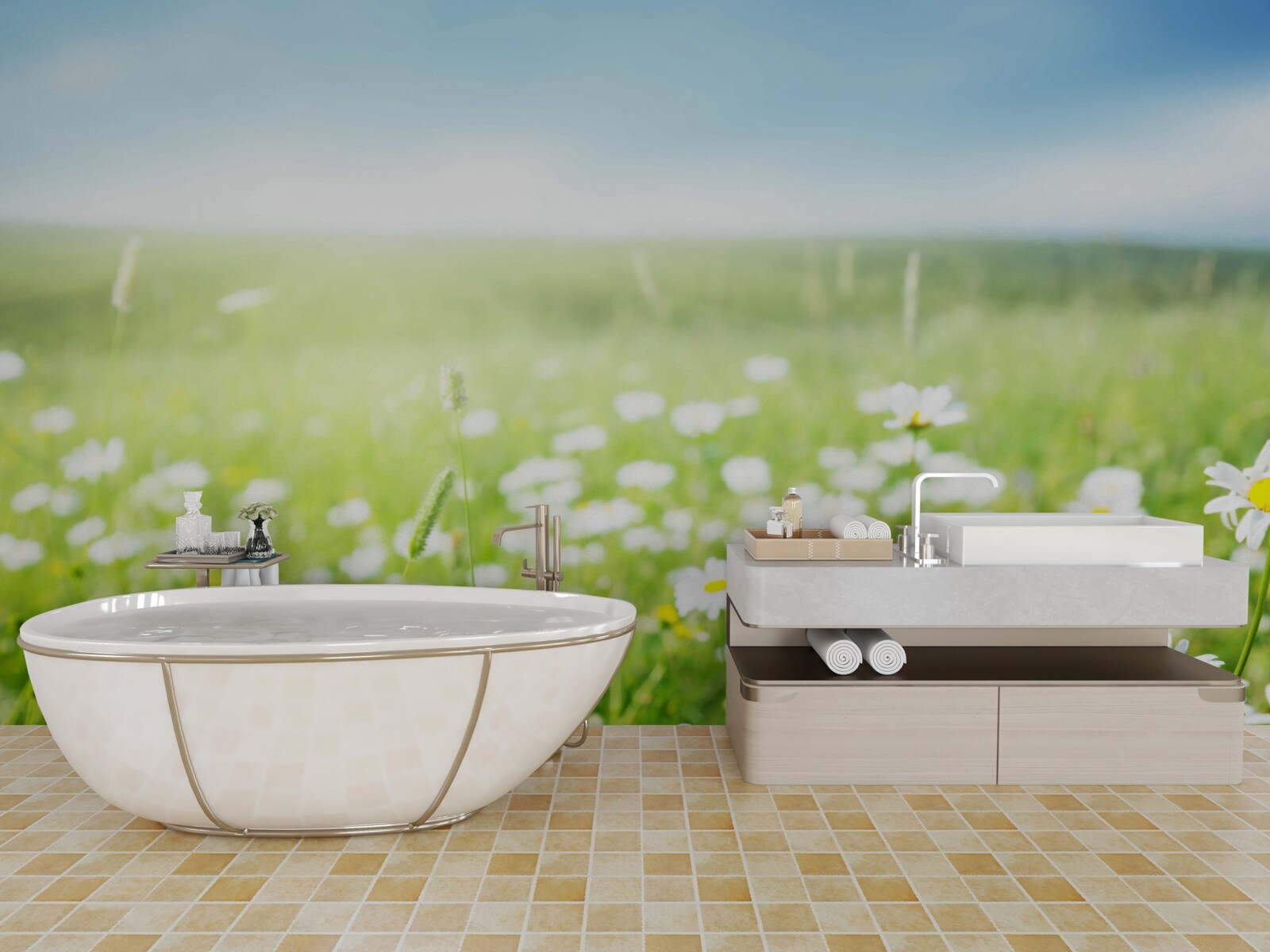 Fotobehang witte margrieten in de zon