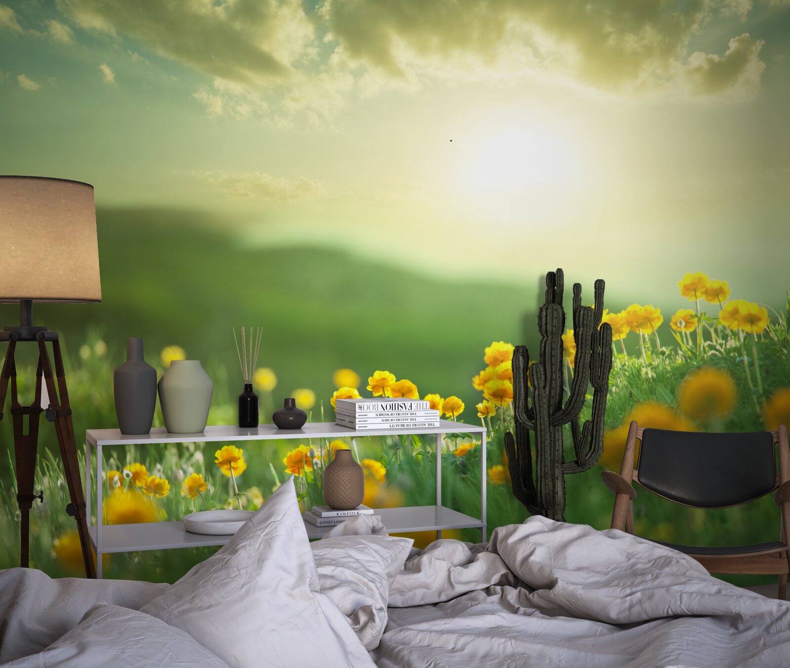 Fotobehang op een weide kijken gouden paardenbloemen naar de zonsopgang