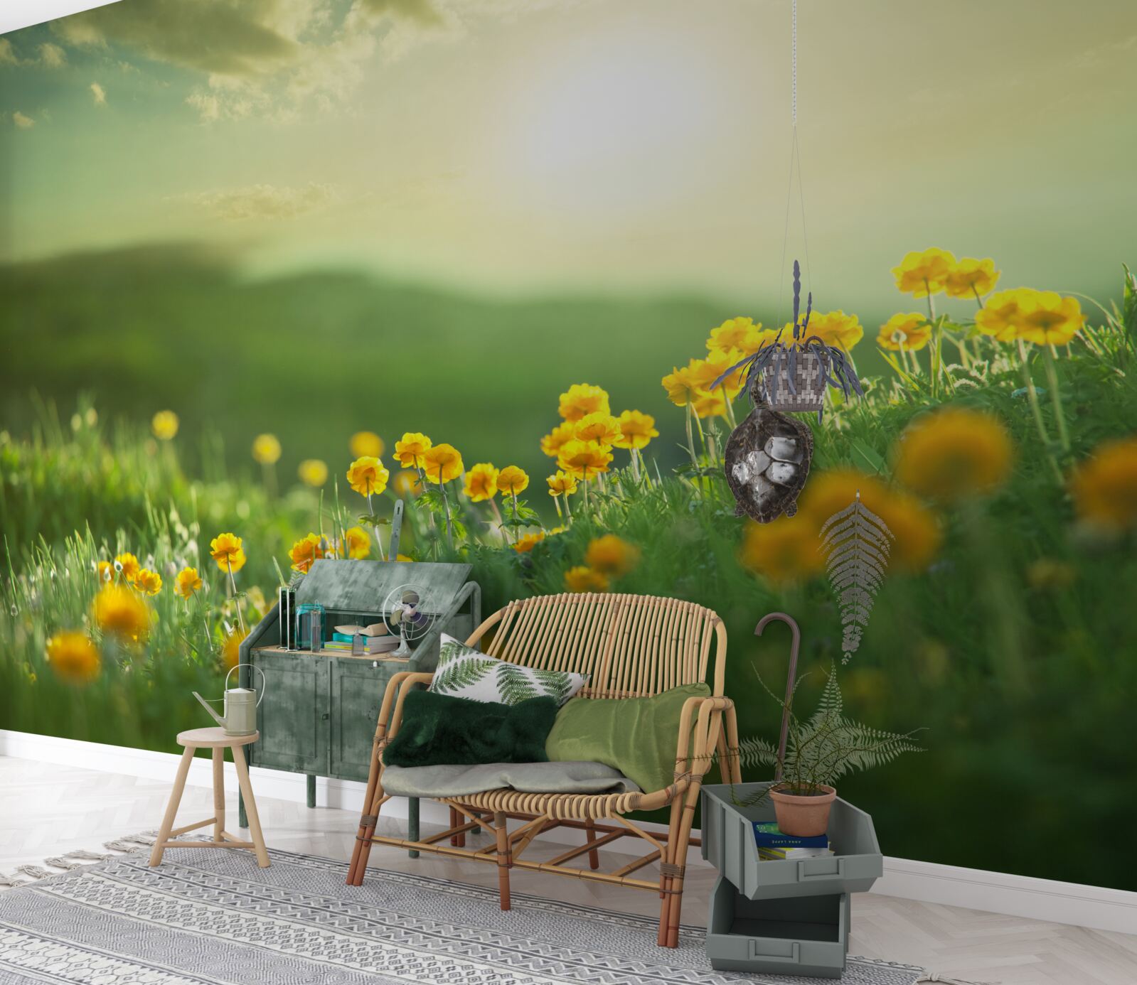 Fotobehang op een weide kijken gouden paardenbloemen naar de zonsopgang