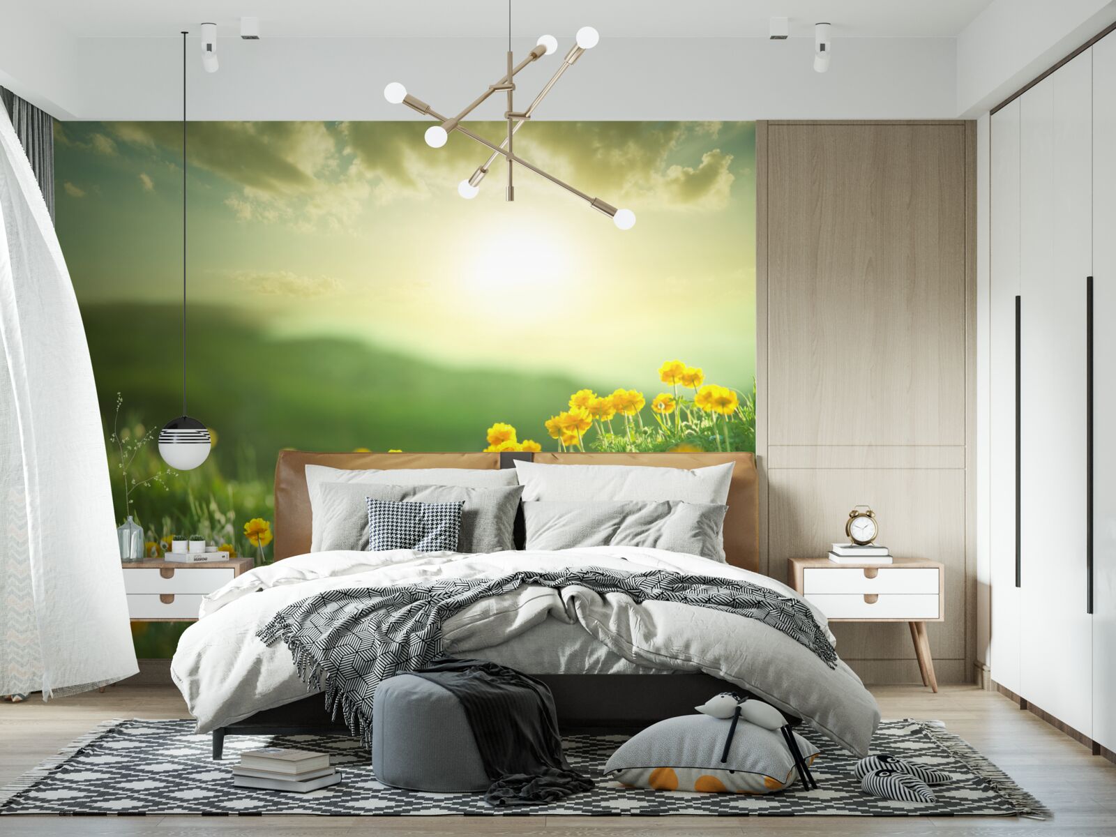 Fotobehang op een weide kijken gouden paardenbloemen naar de zonsopgang