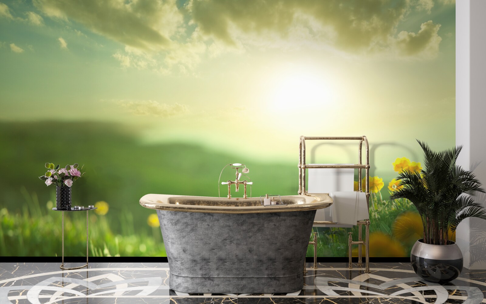 Fotobehang op een weide kijken gouden paardenbloemen naar de zonsopgang