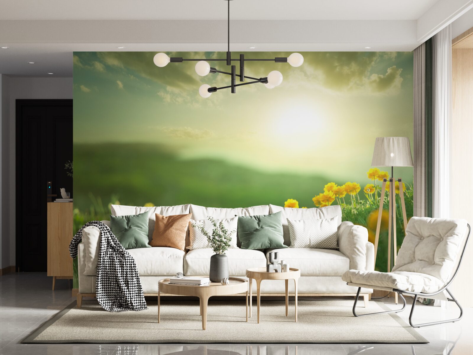 Fotobehang op een weide kijken gouden paardenbloemen naar de zonsopgang