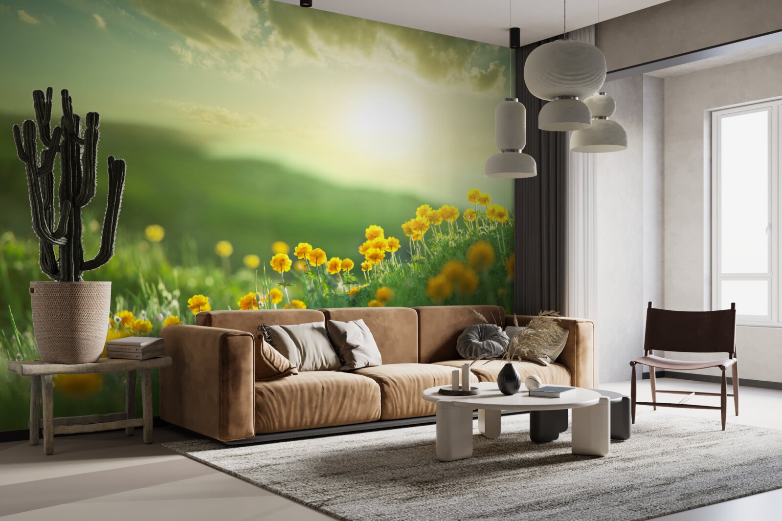 Fotobehang op een weide kijken gouden paardenbloemen naar de zonsopgang