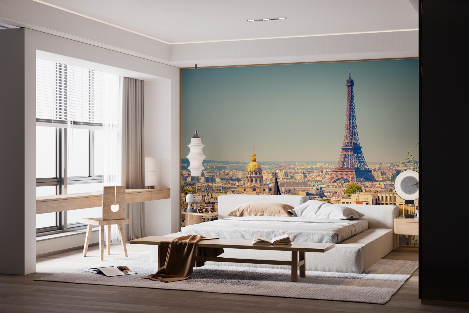 Fotobehang eiffeltoren torent uit boven een enorme stad