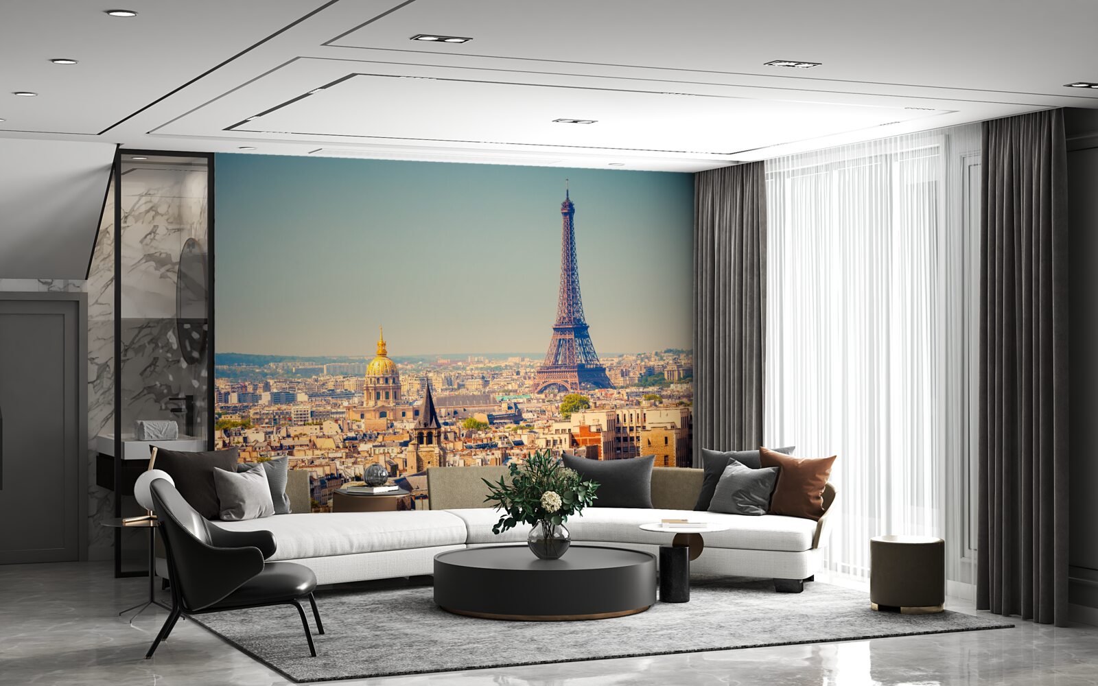 Fotobehang eiffeltoren torent uit boven een enorme stad