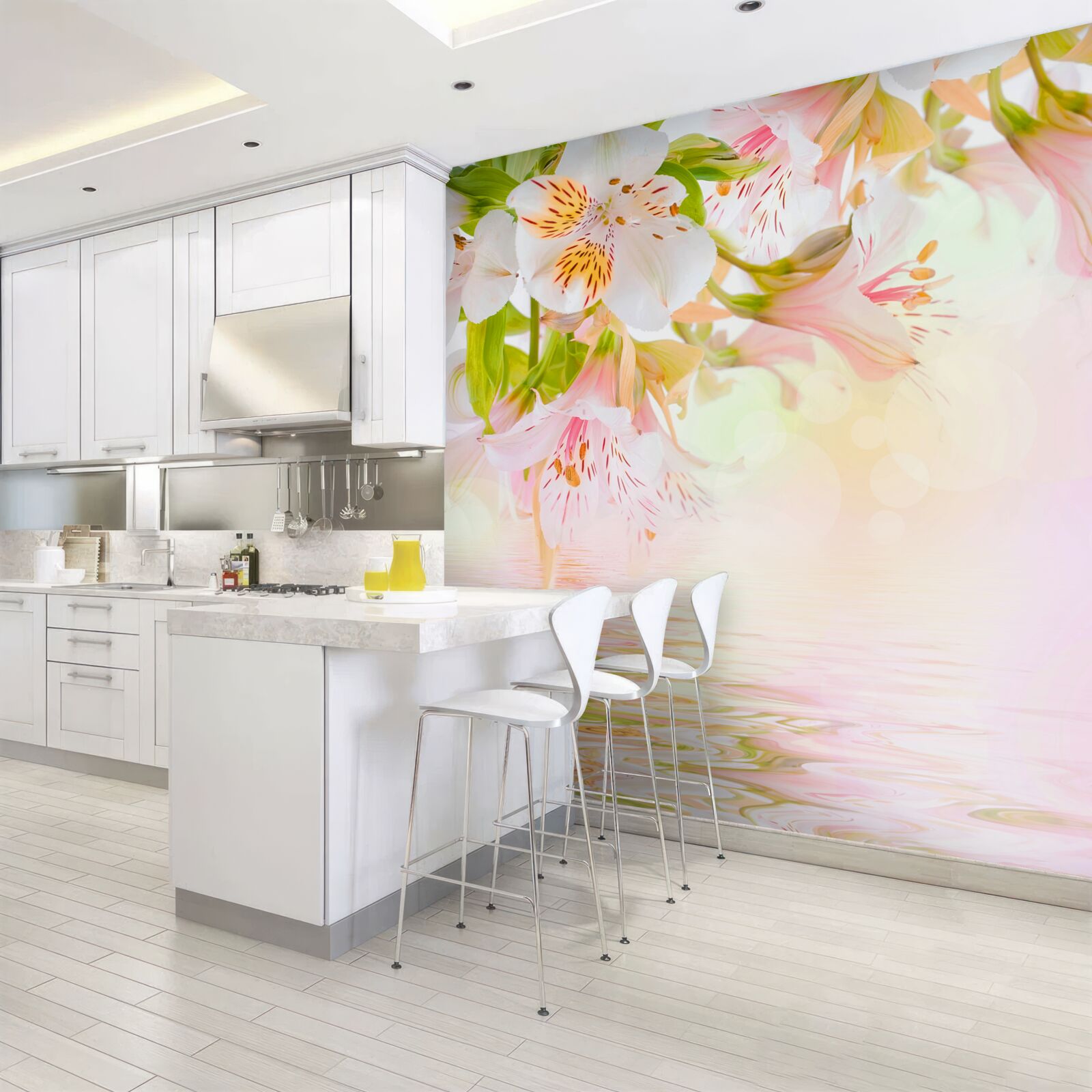 Fotobehang delicate bloemen in witte en roze tinten hebben de neiging om te worden verwaterd