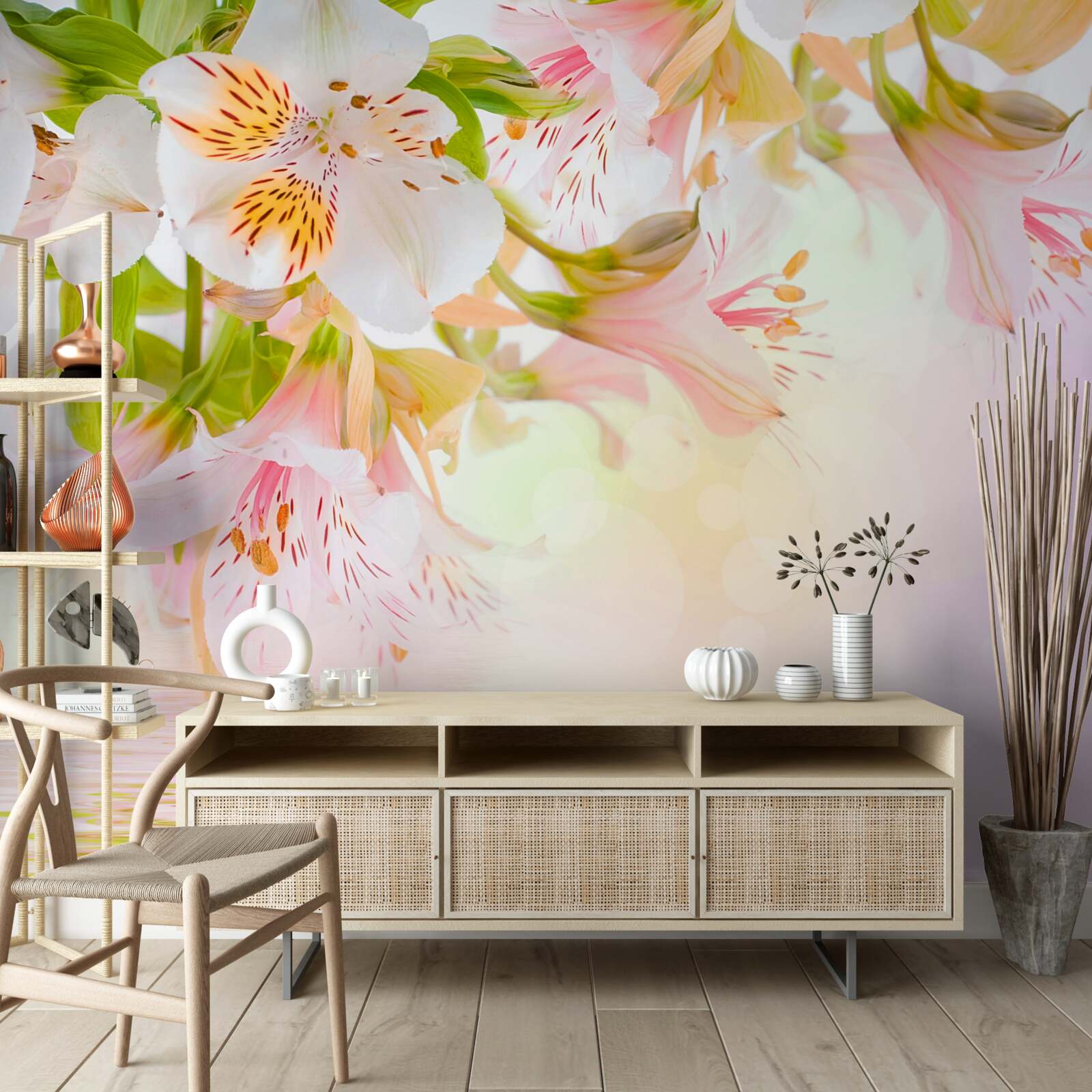 Fotobehang delicate bloemen in witte en roze tinten hebben de neiging om te worden verwaterd