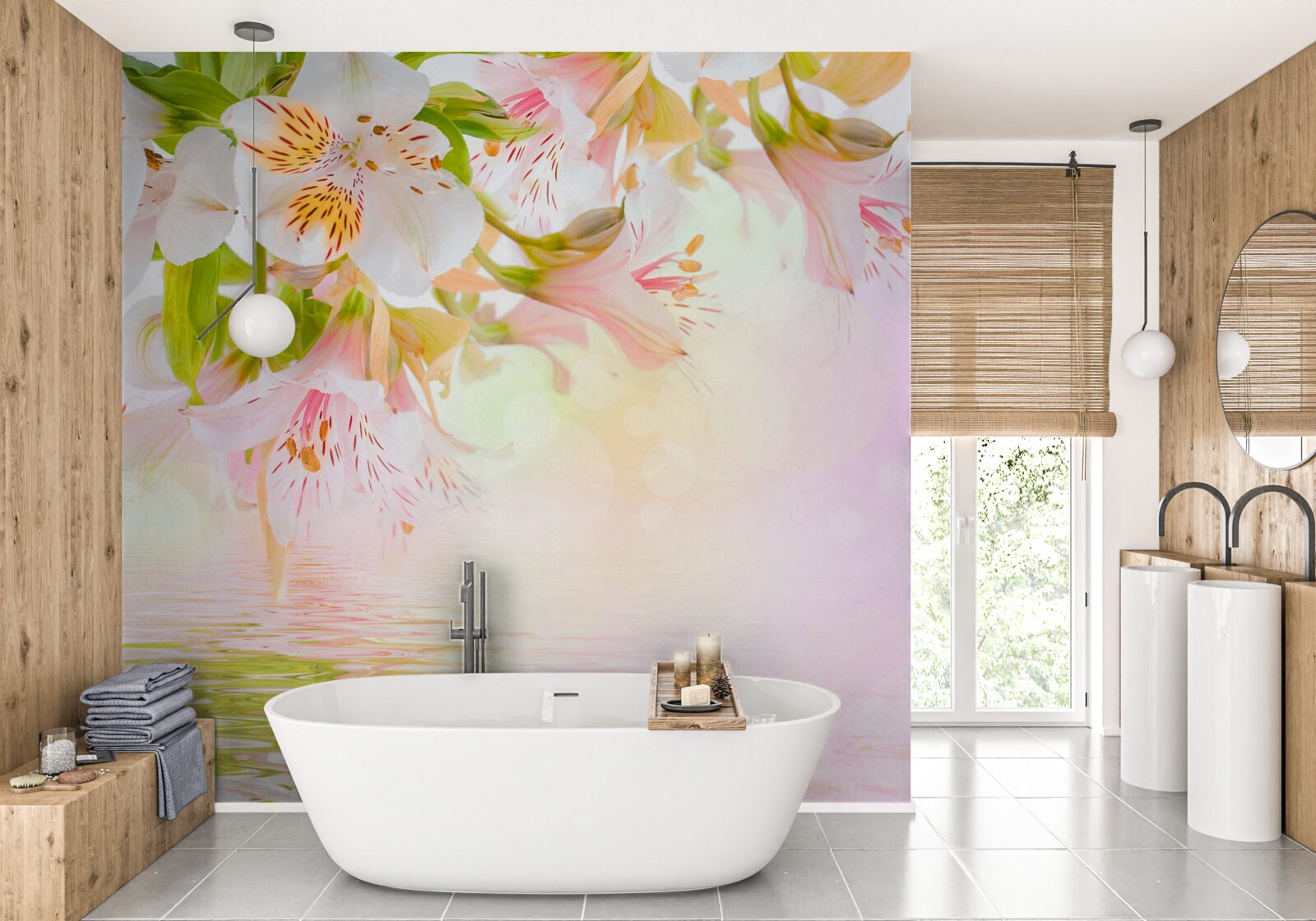 Fotobehang delicate bloemen in witte en roze tinten hebben de neiging om te worden verwaterd