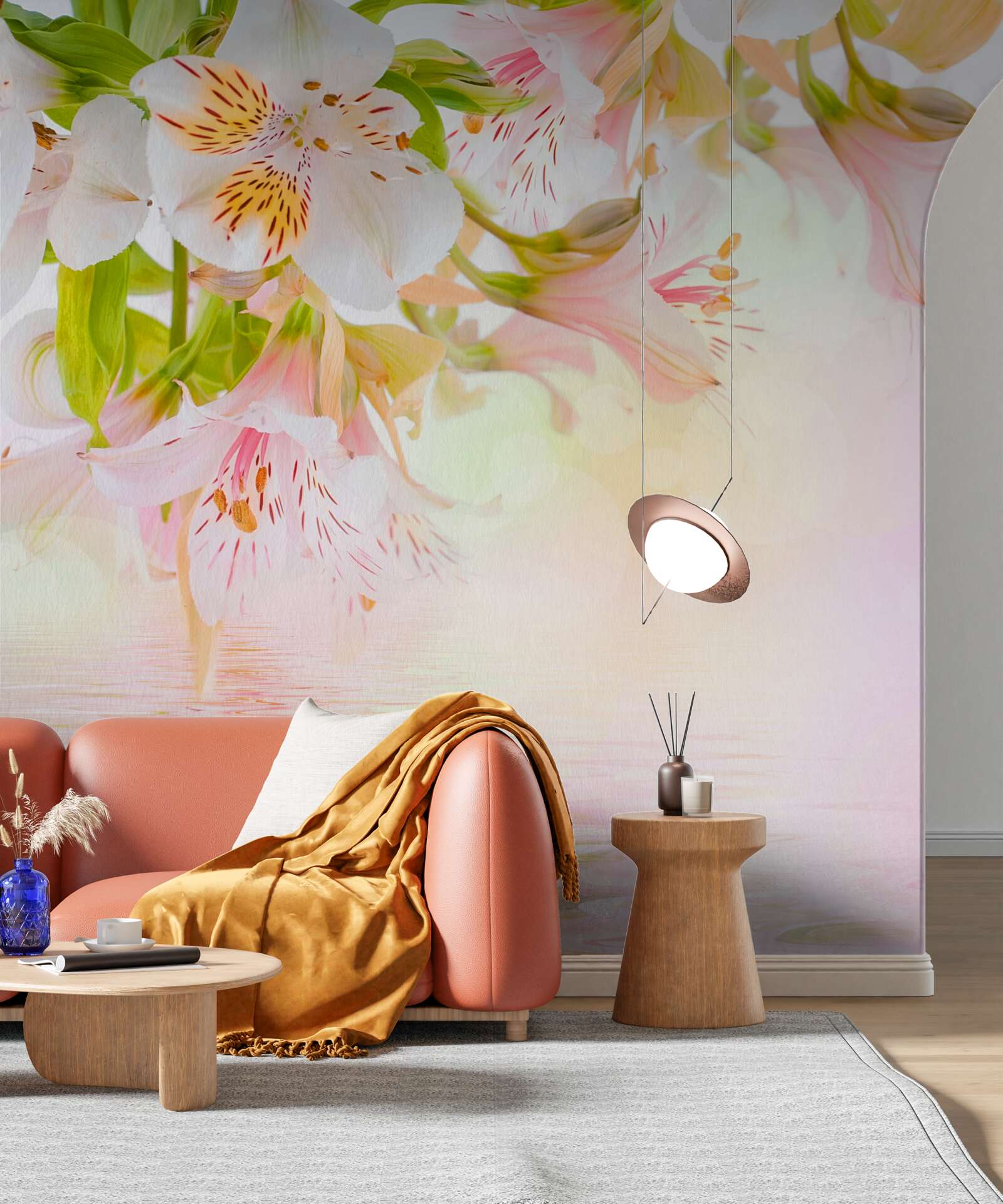 Fotobehang delicate bloemen in witte en roze tinten hebben de neiging om te worden verwaterd