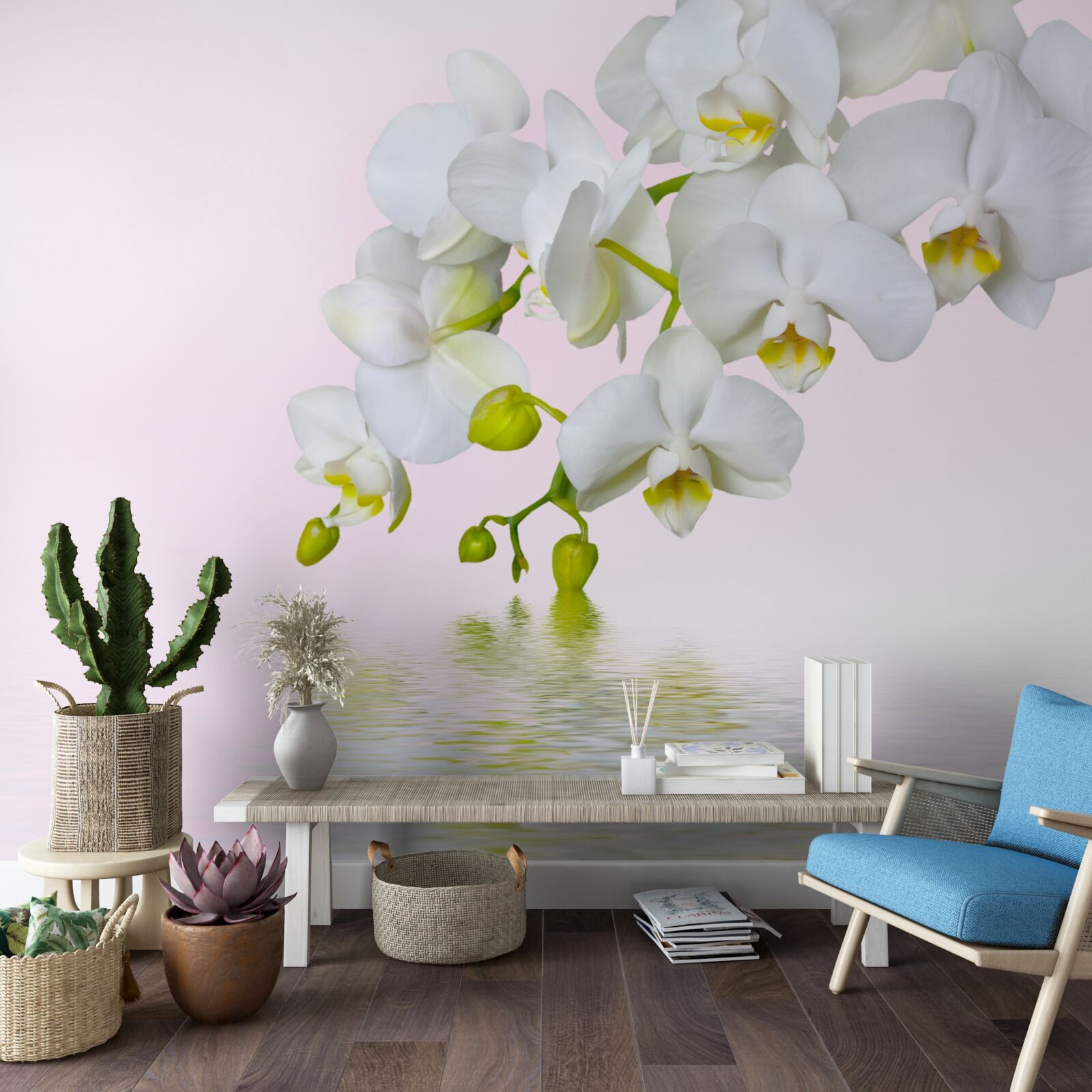 Fotobehang witte orchidee met bloemen en knoppen bij water