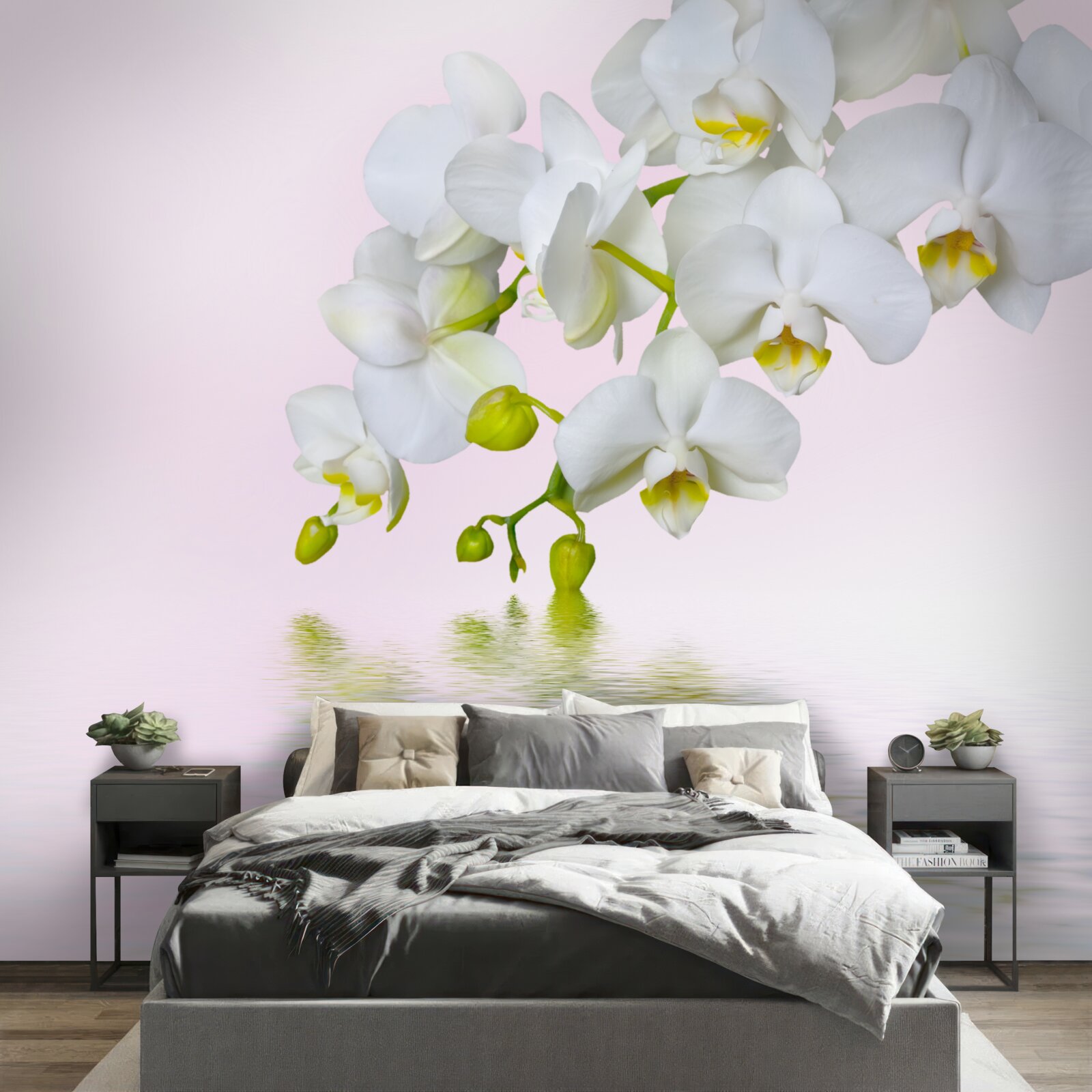 Fotobehang witte orchidee met bloemen en knoppen bij water