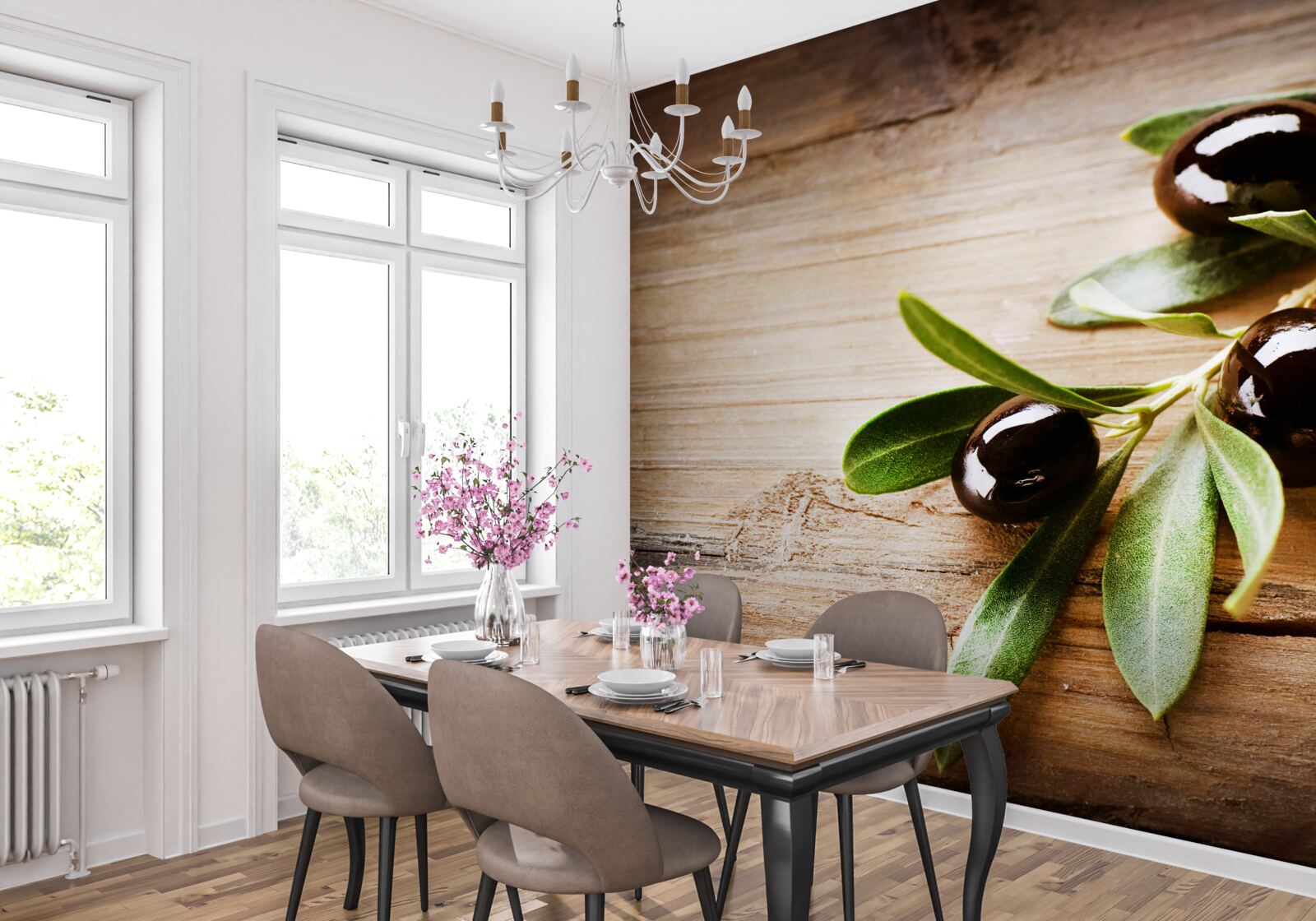 Fotobehang takken versierd met zwarte olijven en groene bladeren